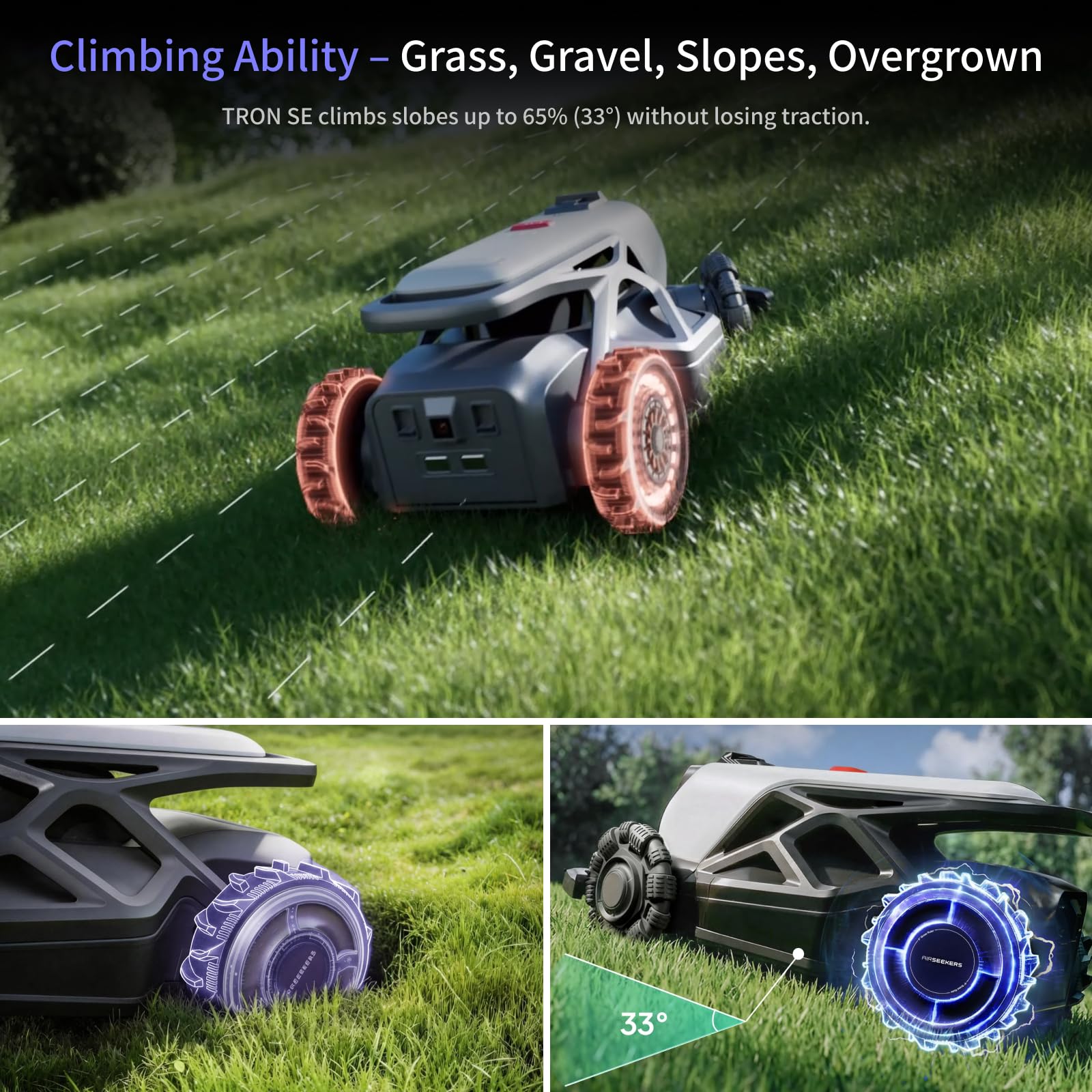 TRON SE Mähroboter ohne Begrenzungskabel Optimaler 1500㎡, NRTK+Vision-Navigation, Kein Signalabbruch, 140° KI-Hindernisvermeidung, Auto-Mehrzonen-Kartierung,Keine Antenne,IPX6,10Ah-Akku