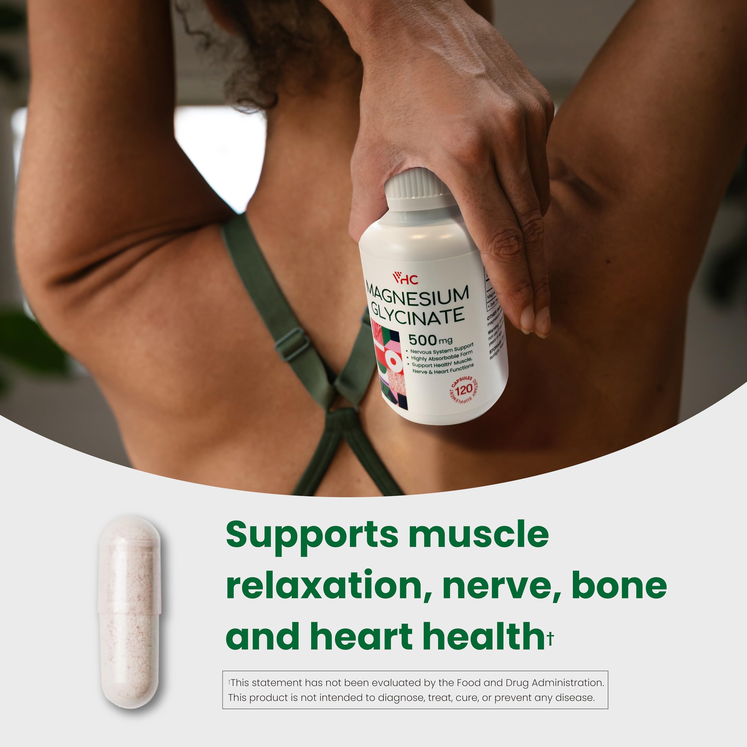 VHC Magnesium Glycinate 500mg Supplement Capsules, High Absorption- Gentle Form,Highly Purified Magnesium Mineral Supplements for Women & Men, 120 Caps, Made in USA