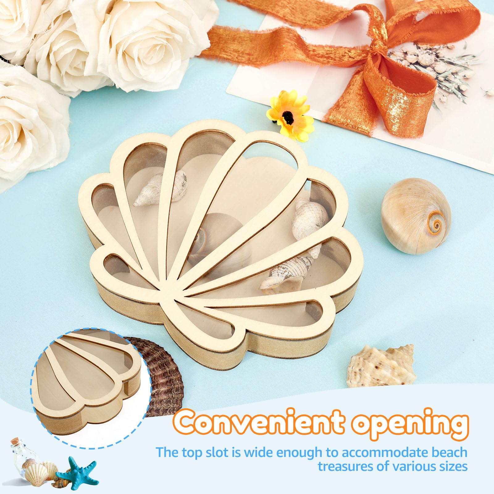 Pojemnik na muszelki, drewniana szafka z wyświetlaczem z panelem akrylowym Seashell Display Box Holder, przenośny uchwyt na wystawę dla dzieci, na plażę, do łazienki, salonu, ochrona domu
