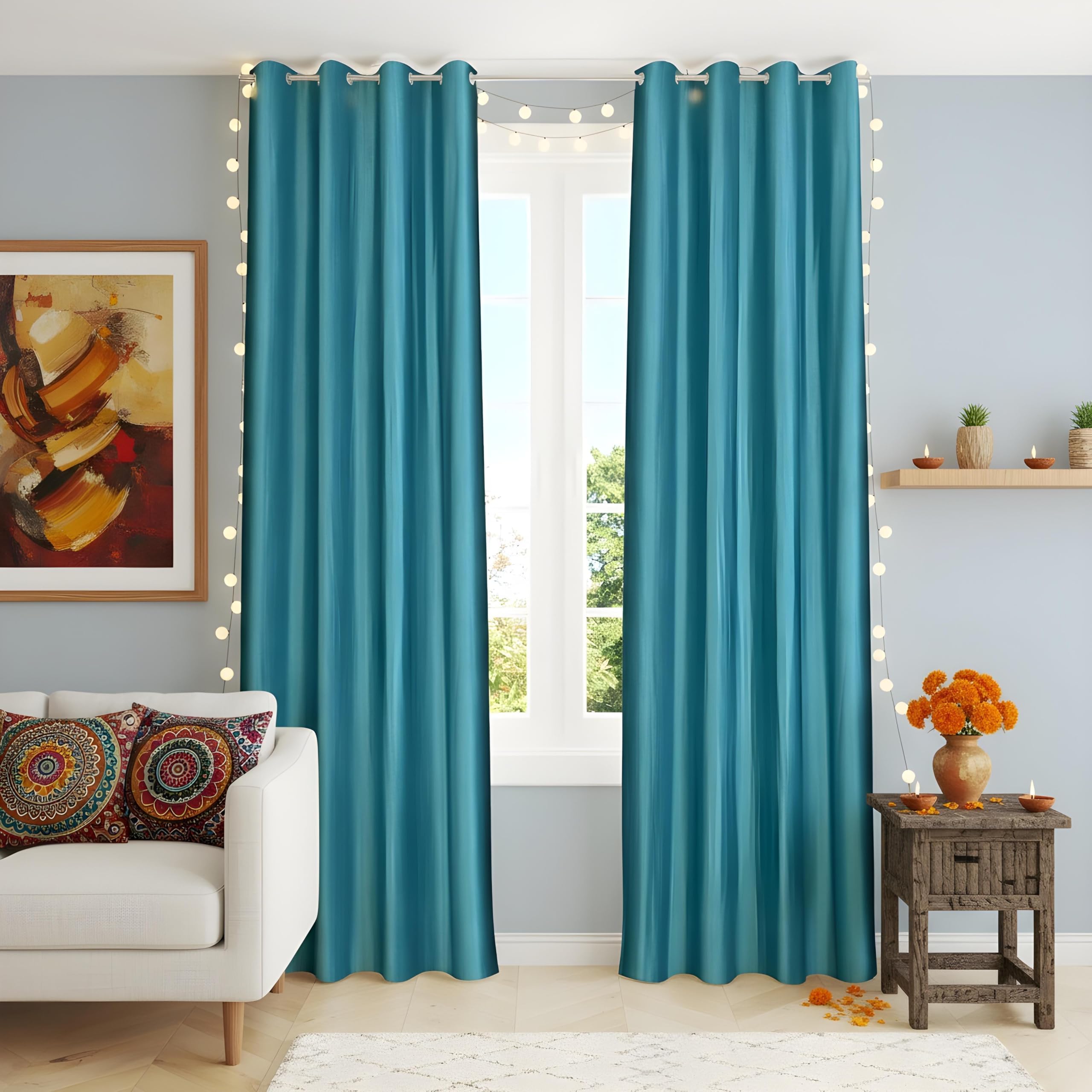 Decoholic Aqua Polyester Door Curtains 7 Feet | Darkening Faux Texture Plain Drapes with Eyelets | Set of 2 Panels for Living Room, Bedroom & Office