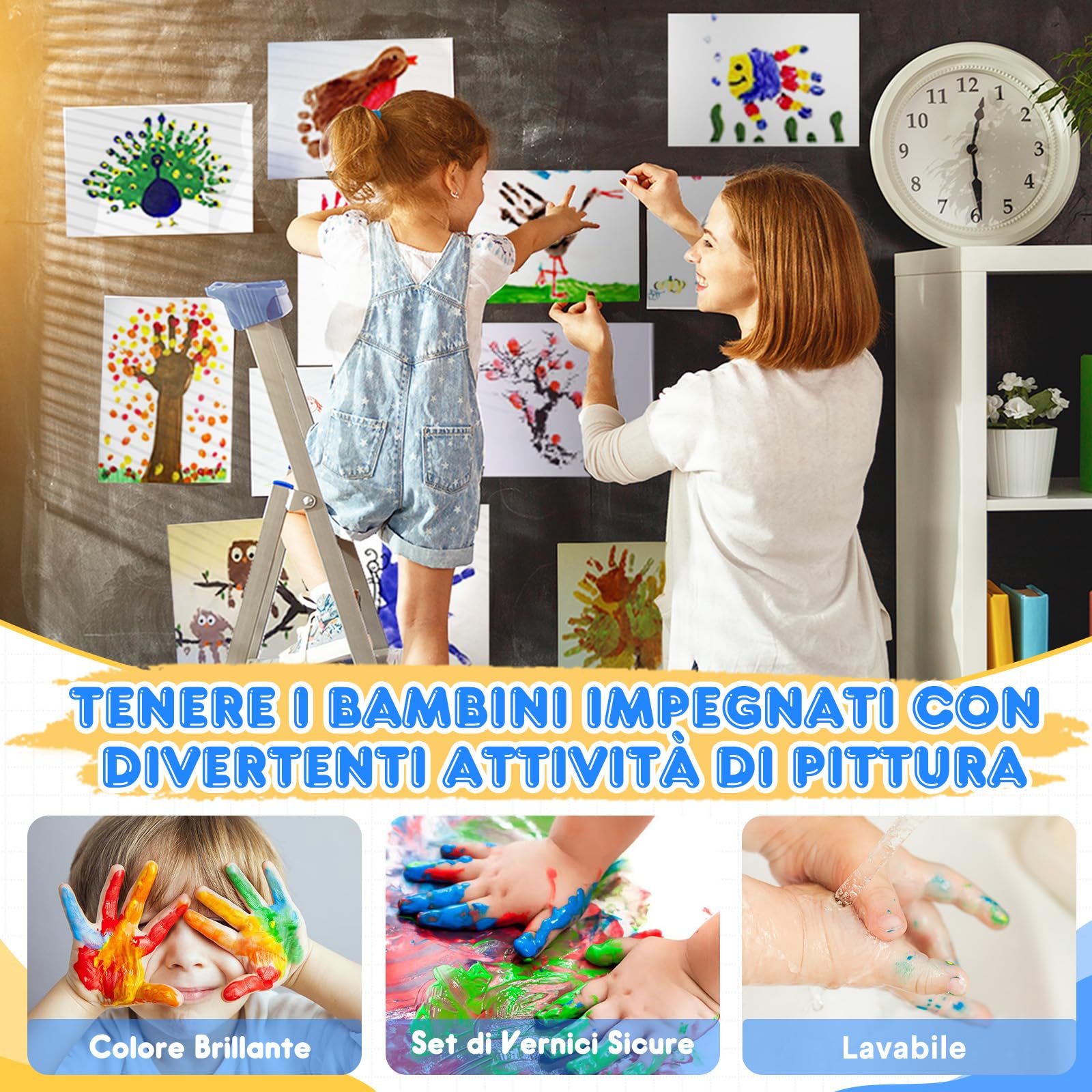 8 Colori Colori a Dita Lavabile, 8x75ml Set di Pittura per Bambini, Inchiostro per Impronte Con Attacco Spugna, Kit impronte Neonato per Regalo Battesimo Bimbo, Artigianato Familiare, Regalo di Natale
