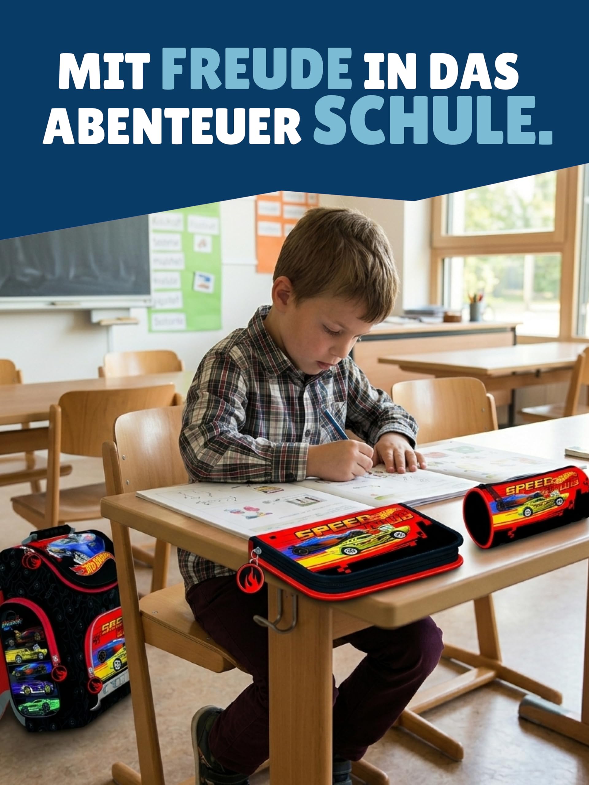 Familando - Schulranzen Set - 7-teilig mit Sporttasche - Hot Wheels - Ergonomisch, stabil & mit gepolstertem Rücken - 1010g leicht - 18L Volumen - Mit Reflektoren - Für Grundschule ab 1. Klasse