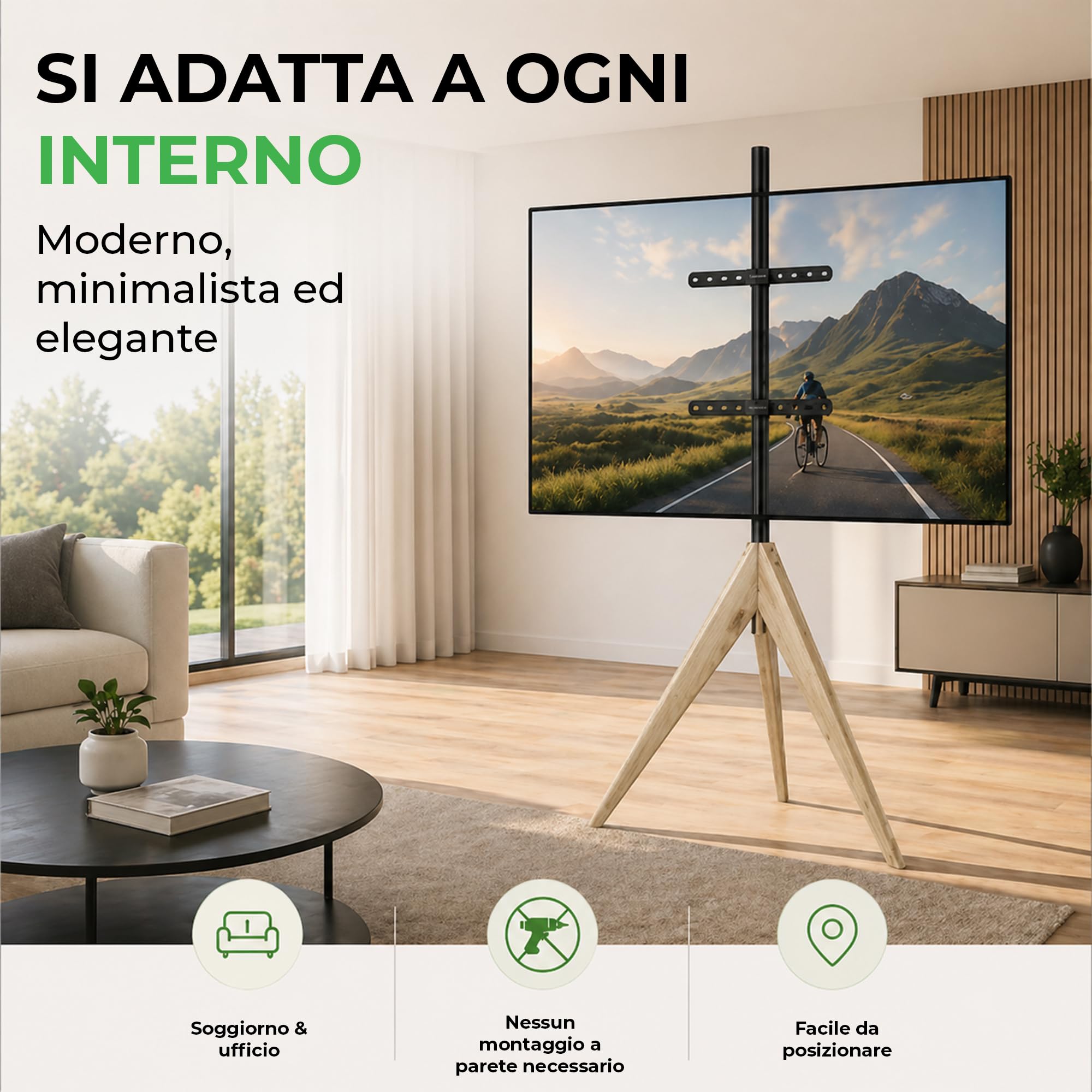 Argo - Supporto per TV Tripod, altezza fino a 140 cm, girevole a 360 gradi, per TV da 32 a 65 pollici, fino a 40 kg, max. VESA 400 x 400 mm, base TV in rovere invecchiato
