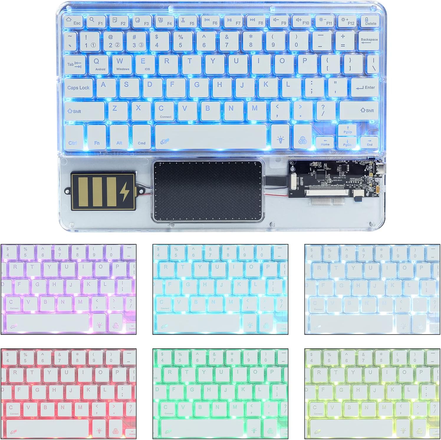 Ultra-Slim Bluetooth Keyboard 7 Colors Backlit Portable Mini Wireless Keyboard Rechargeable for Apple iPad iPhone Samsung Tablet Phone Smartphone iOS Android Windows-Transparent