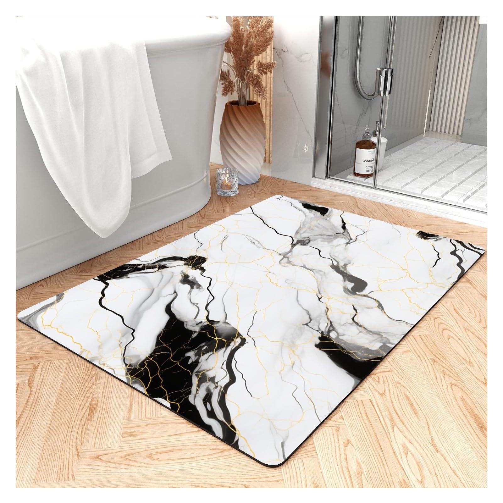 Diatomaceous Earth Bath Mat Bathtub Mat Fast Drying Non-Slip Shower Mat Bath Thin Mat Super Absorbent Washable Bathroom Floor Mat, Black and White