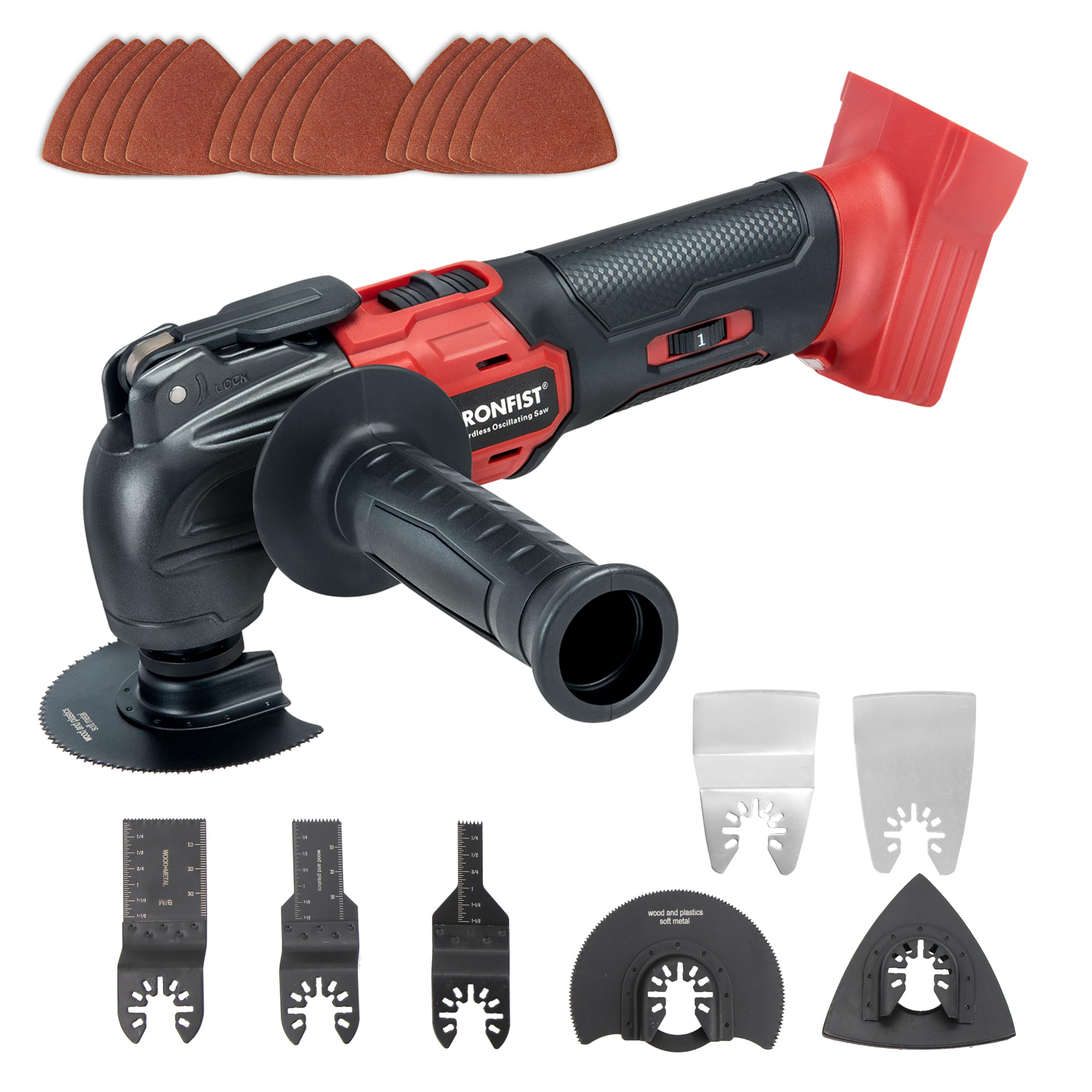 IRONFIST Herramientas oscilantes inalámbricas compatibles con MILWAUKEE M18, 6 velocidades 8000-20500 RPM, motor sin escobillas, multiherramienta inalámbrica para raspar, lijar, cortar madera (batería