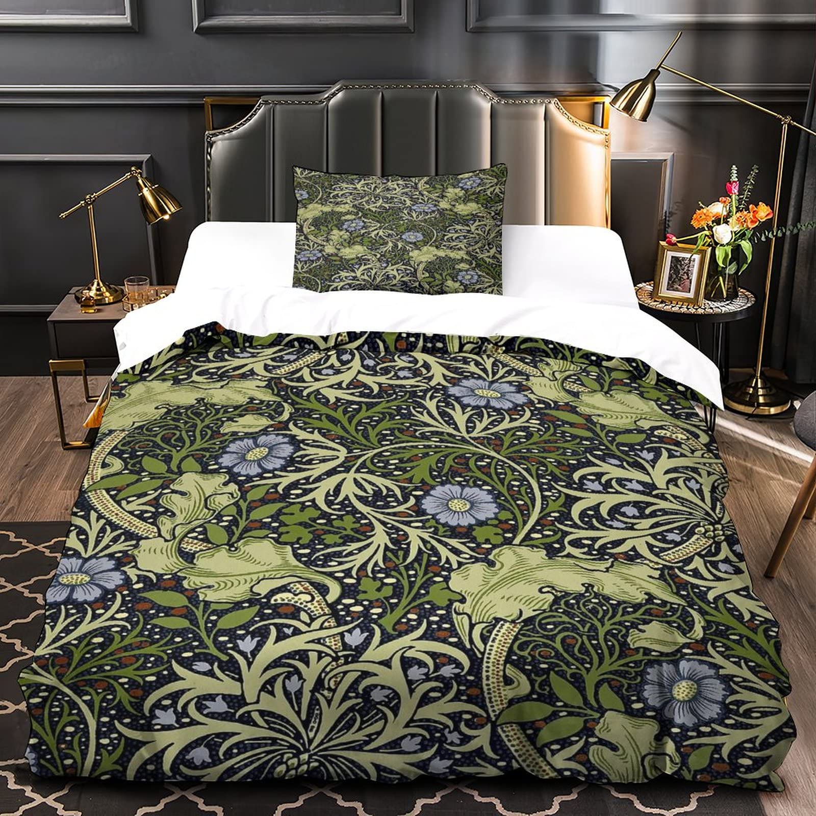 William Morris 3D Dekbedovertrek, dekbedovertrek Beddengoed, Polycotton Bloempatroon Bloemen Aquarel Quilt Bed Set, Jongens En Meisjes Single (135 x 200 cm