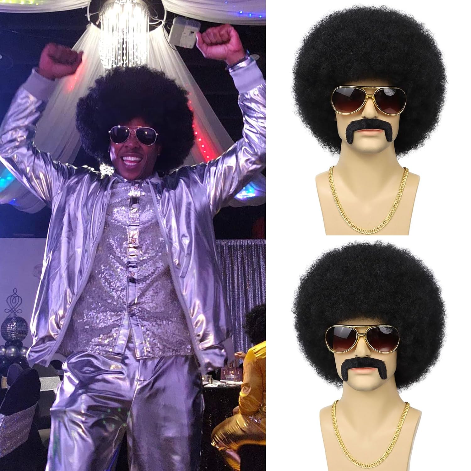 70S Men’s Afro Wig for Disco Party, 5pcs Set (Glasses+ Necklace+ Mustache+ Wig Cap) Black Afro Curly Retro Disco Rocker Wigs for 70S 80S Costume Halloween Cosplay Use - Image 2