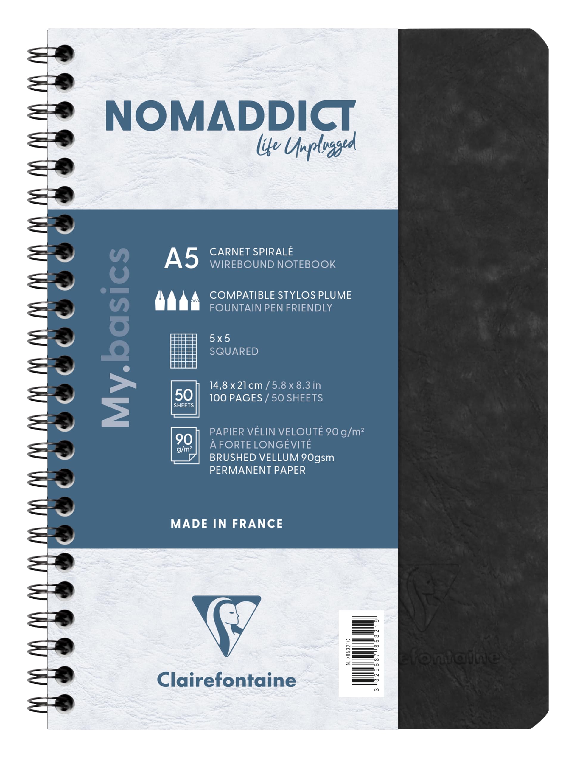Clairefontaine 785321C Age Bag Collection Black Spiral Notebook - A5 14.8x21cm - 100 Small Squares Pages - White Paper 90 g - Glossy Card Cover Leather Grain
