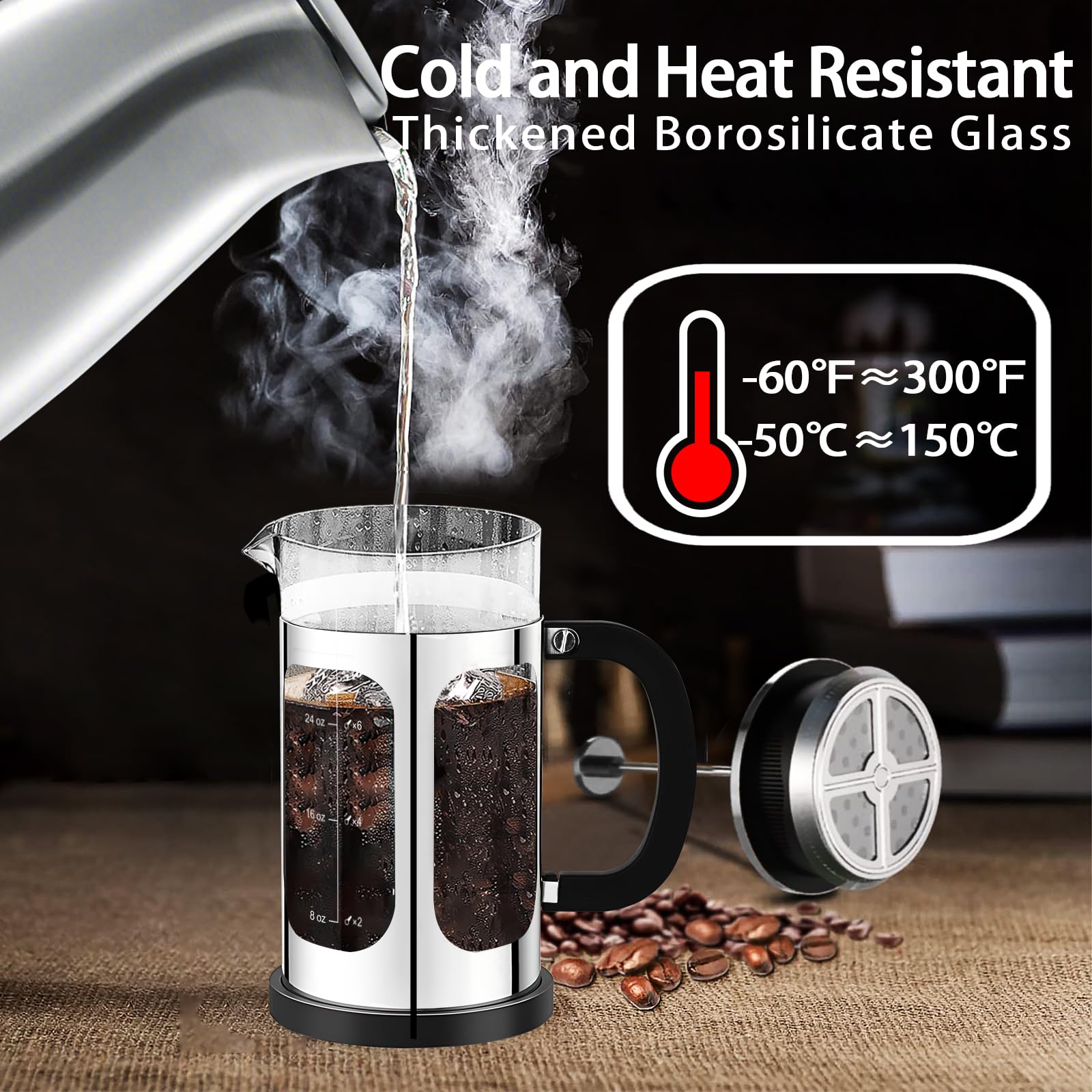 YMMIND Cafetera de prensa francesa (34 onzas, 1 cuarto de galón, 5-6 tazas), con sistema de 4 filtros, vidrio de borosilicato de grosor resistente al calor, taza de café en frío, regalos (plateado)