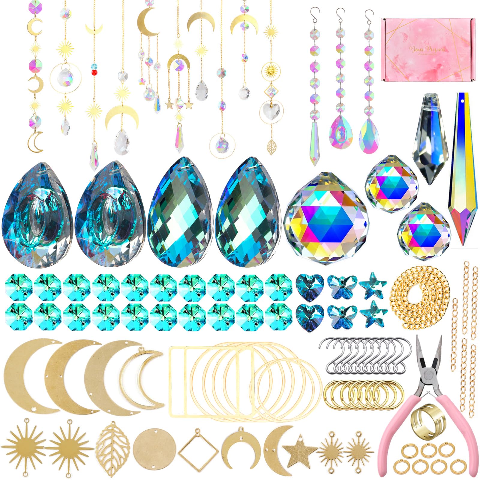 370 Pcs Crystal Suncatcher Kits Hanging Chandelier Crystals Prisms Parts Rainbow Maker Pendants for Stained Glass Window Hanging DIY Sun Catchers Beads Indoor Window Outdoor Garden Decor (Gold)-image-41