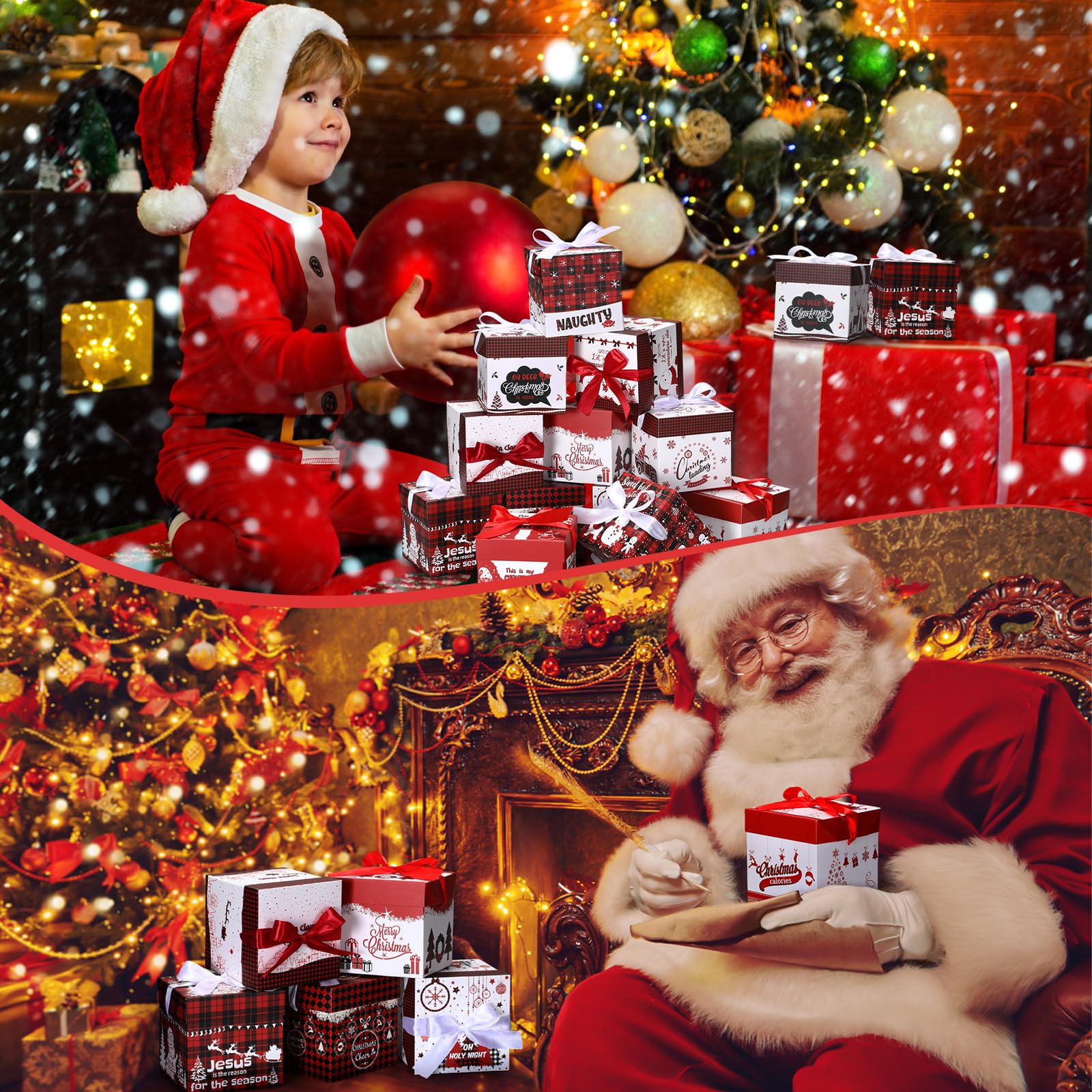 Cholemy 36 cajas de regalo de Navidad con tapas, pequeñas cajas cuadradas con lazo de cinta, cajas de Navidad de 4 x 4 x 4 pulgadas, cajas de regalo para fiestas de Navidad, embalaje de regalos, 12