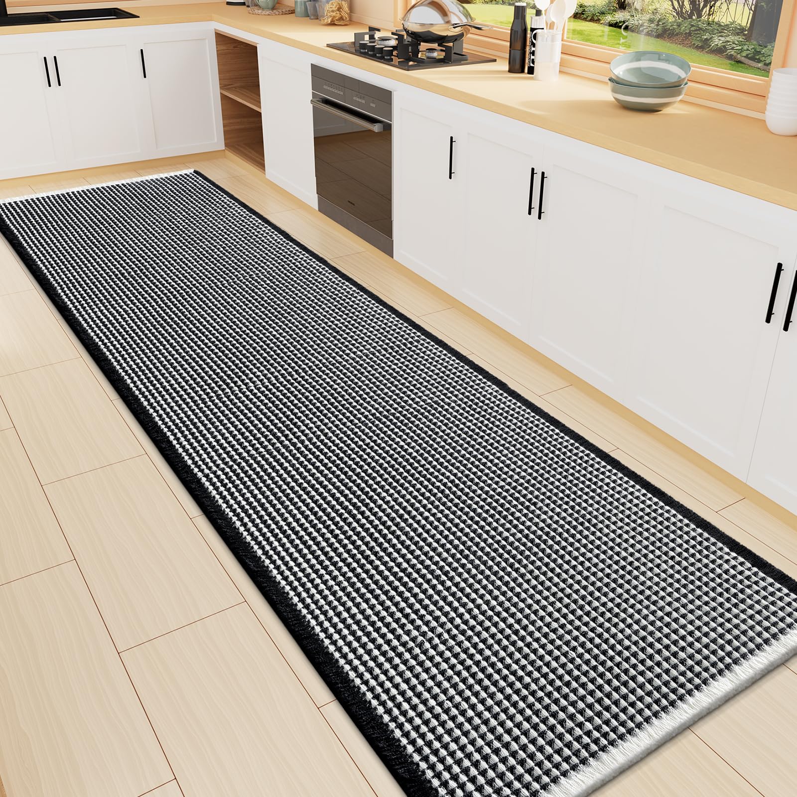 Smiry Waffle Bath Mat 72X16, Soft Absorbent Bathroom Rugs, Black &amp; Cream