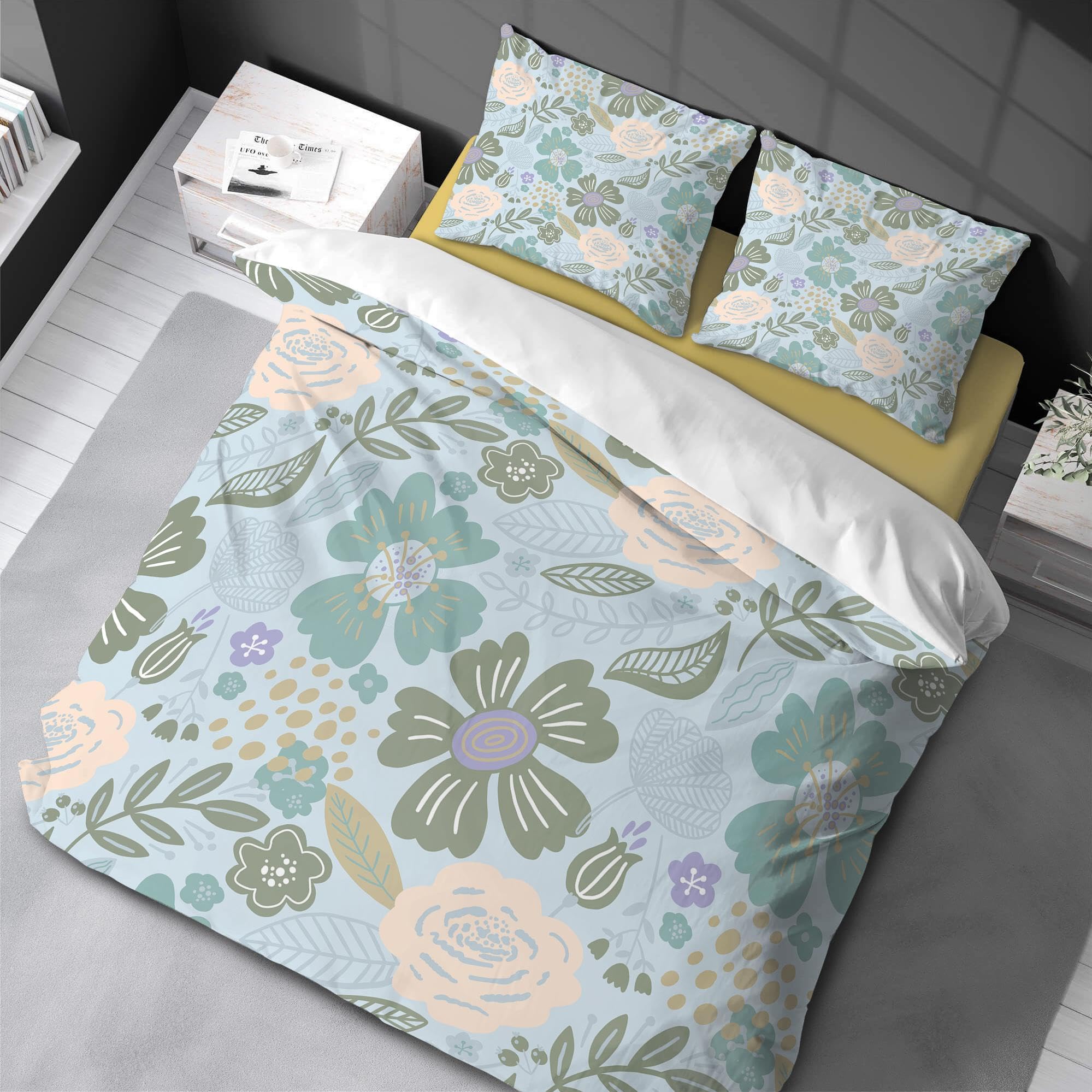 Parure de lit King Size verte et bleue avec housse de couette et taies