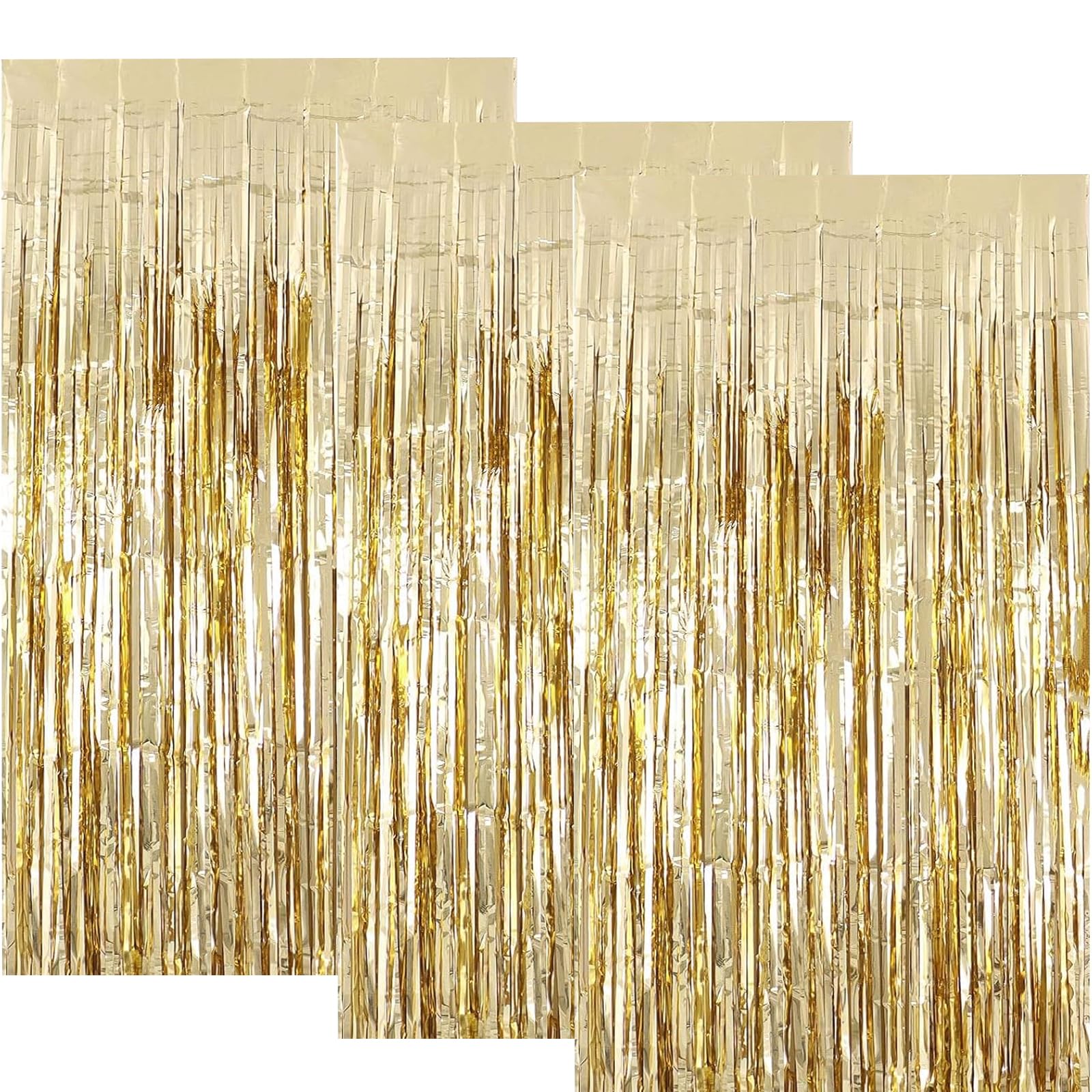 Cjkoonsa 3.2ft x 6.5ft Foil Curtain Decorations, 3 Pcs Champagne Gold Glitter Foil Curtains, Metallic Tinsel Foil Fringe for Birthday Wedding Prom Decoration