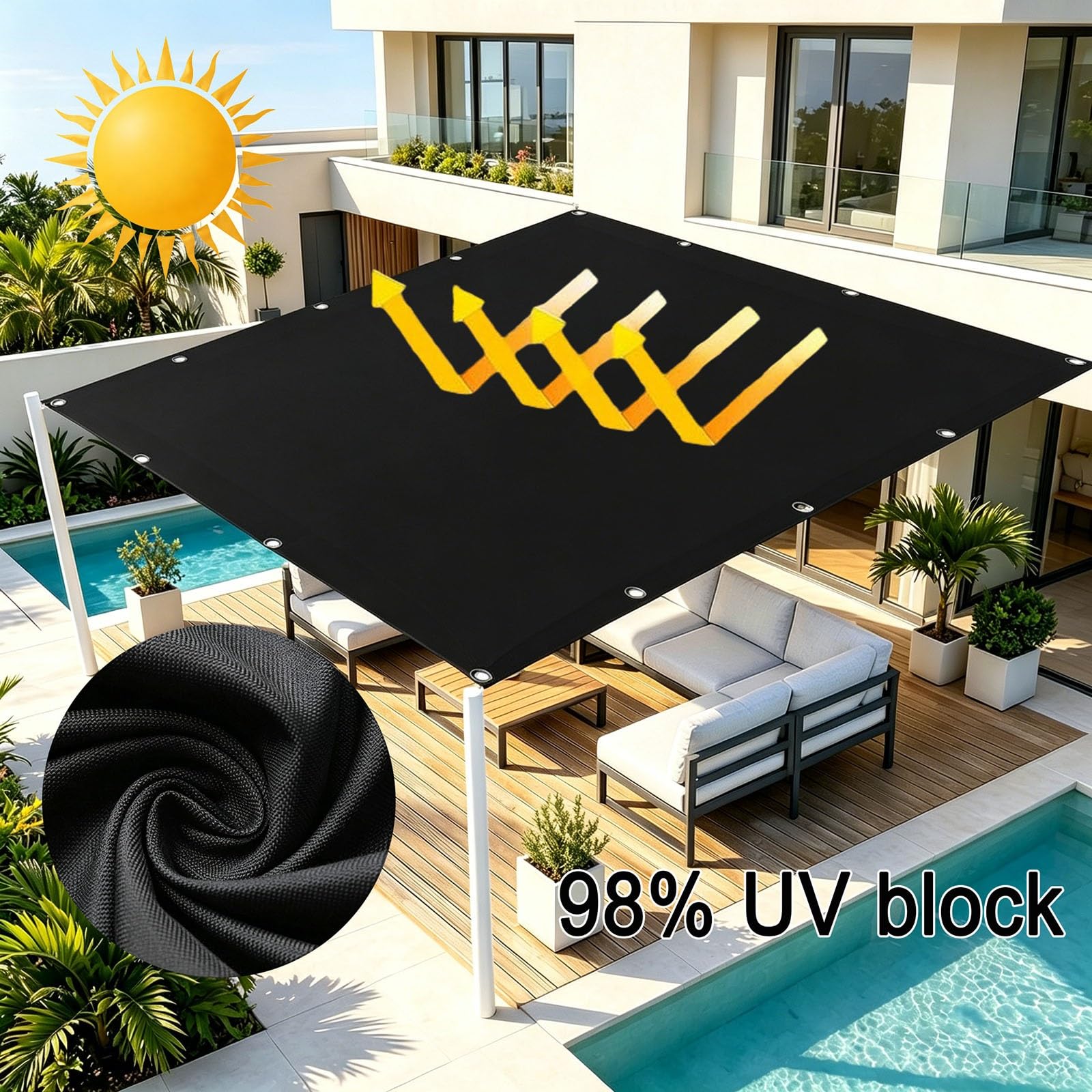 Voile d'ombrage Imperméable 190 x 570 cm 98% UV Protection PES Résistant à l'eau Rectangulaire Protection Solaire Durable Voile d'ombrage Filet pour Patio Jardin, Noir