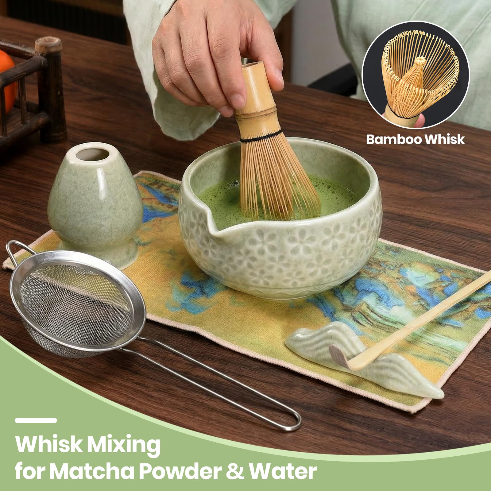 Matcha Kit | Set de Regalo de Ceremonia del Té Matcha 9 Piezas | Cuenco 560ml, Batidor, Cuchara de Bambú, Soporte, Posavasos, Frasco y Colador | Ideal para Principiantes y Entusiastas (Verde)