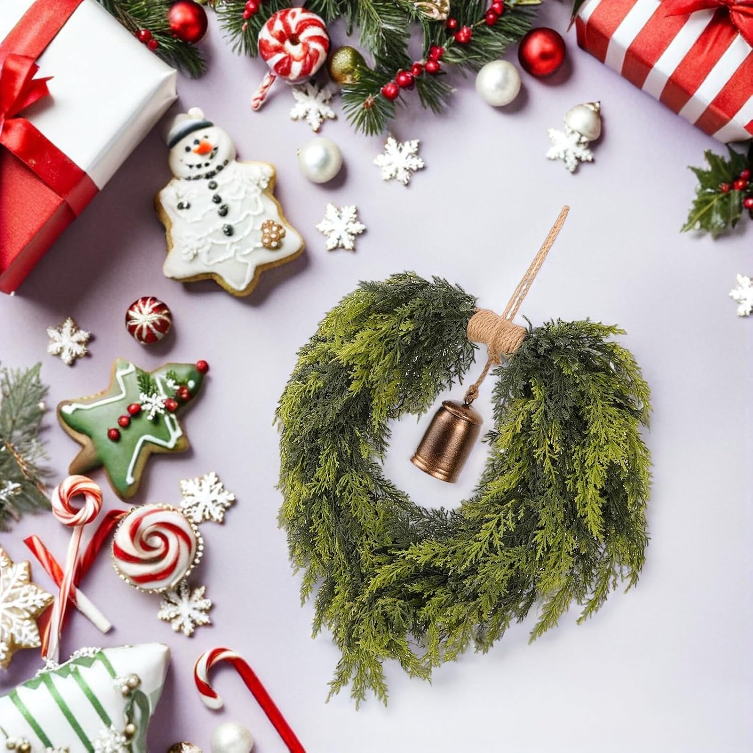 VANZACK Heart Shaped Christmas Wreath with Melodic Bells Faux Cedar Pine Garland for Front Door Fireplace Porch and Outdoor Holiday Decoration Versatile Wall Hanging for Festive Ambiance