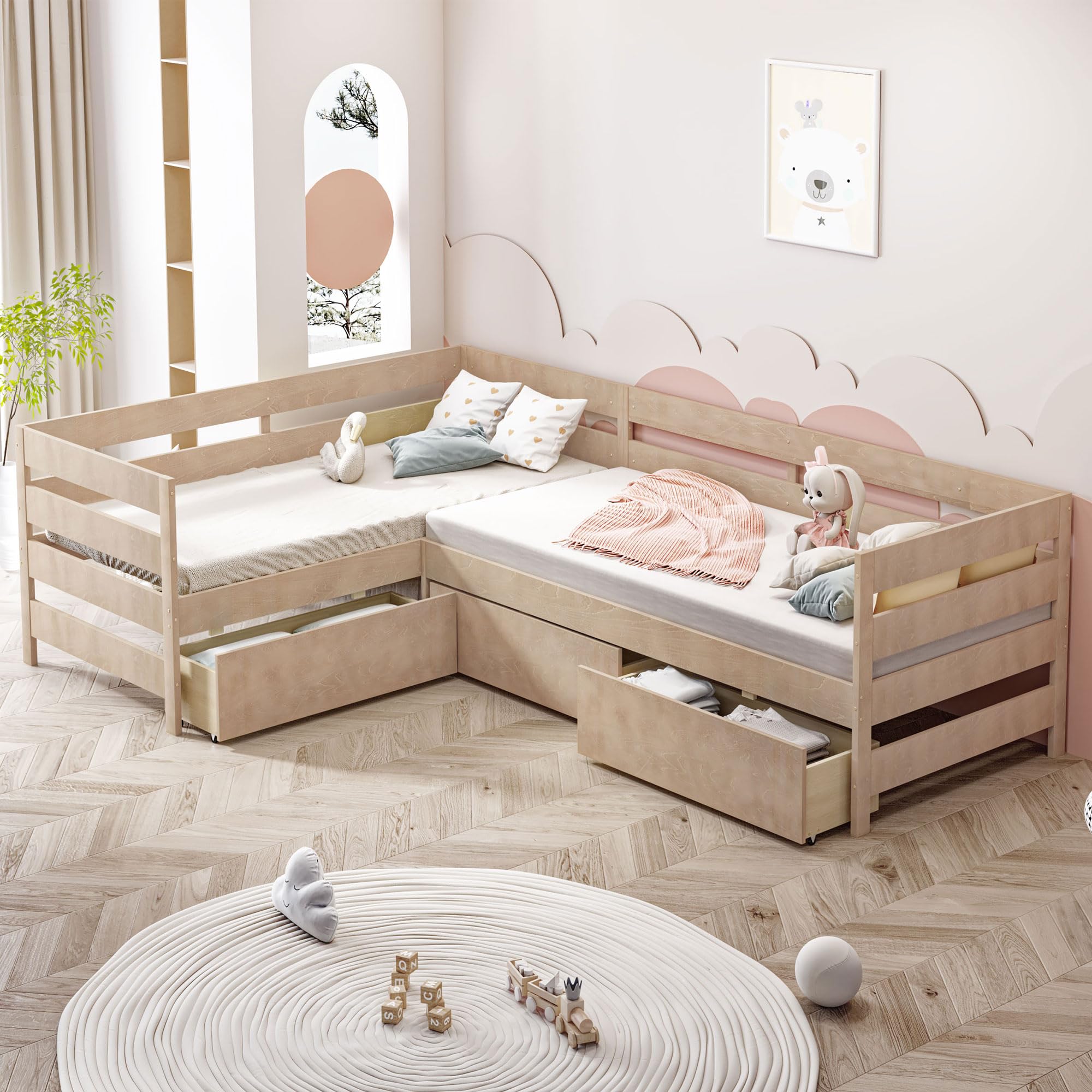 VilroCaz Twin Size L-Shaped Platform Bed for 2, Wood Kids Platform Bed Frame with 3 Storage Drawers and Guardrail for Boys Girls, Sturdy Slats Support