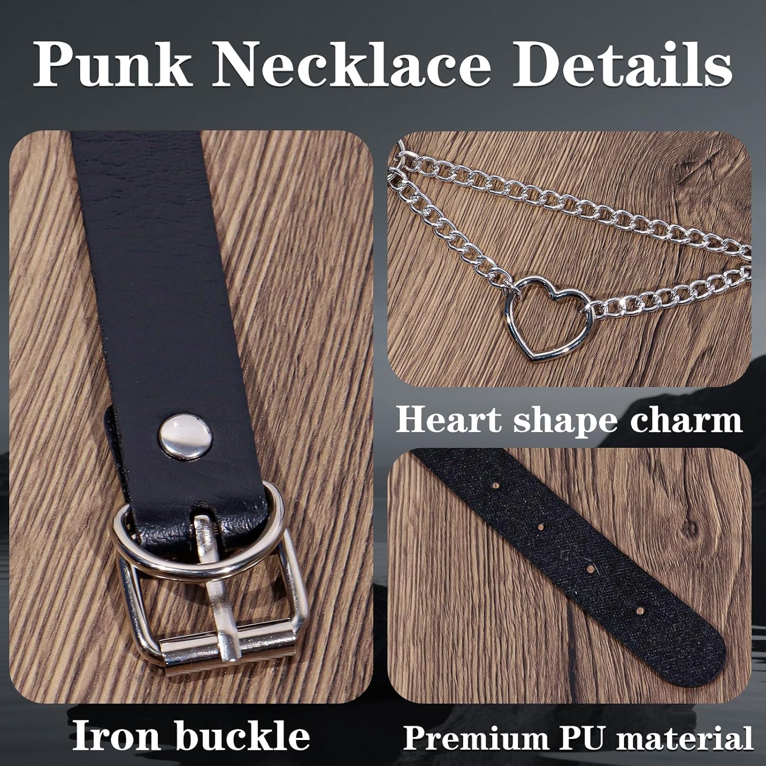 3Pcs Leather Choker Necklace for Women Heart Chain Choker Necklace Studded Bracelet Punk Gothic Emo Accessories for Halloween Outfits Cosplay - Image 3