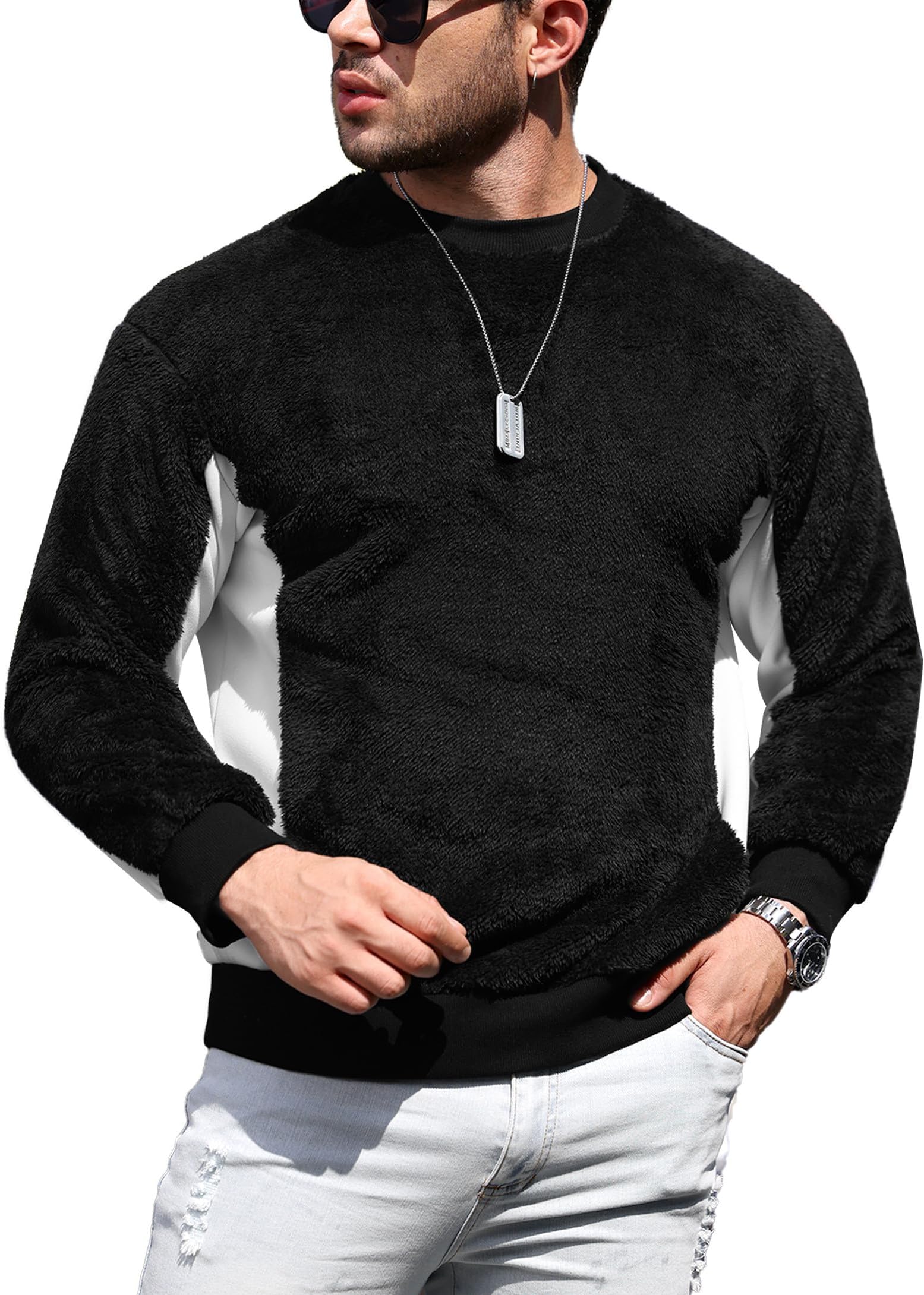 Mainfini Men's Fuzzy Sherpa Sweatshirt Crew Neck Fluffy Fleece Pullovers (S-XXL)