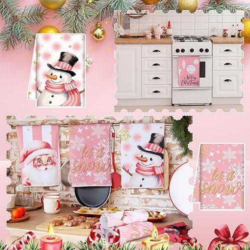 Miniatura 2 de 6 paños de cocina de Navidad rosas de 15.8 x 23.6 pulgadas, absorbentes de Papá Noel, muñeco de nieve, reno, toallas de mano, decorativas, para