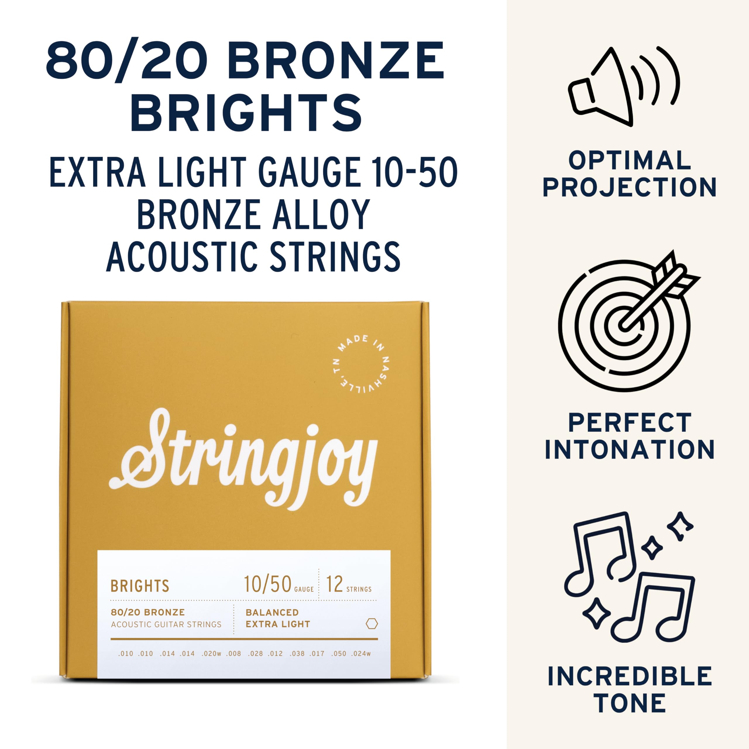 Stringjoy BB1024 - Corde per chitarra acustica a 12 corde luminose, 80/20, in bronzo, (calibro extra leggero a 12 corde, 10-50)