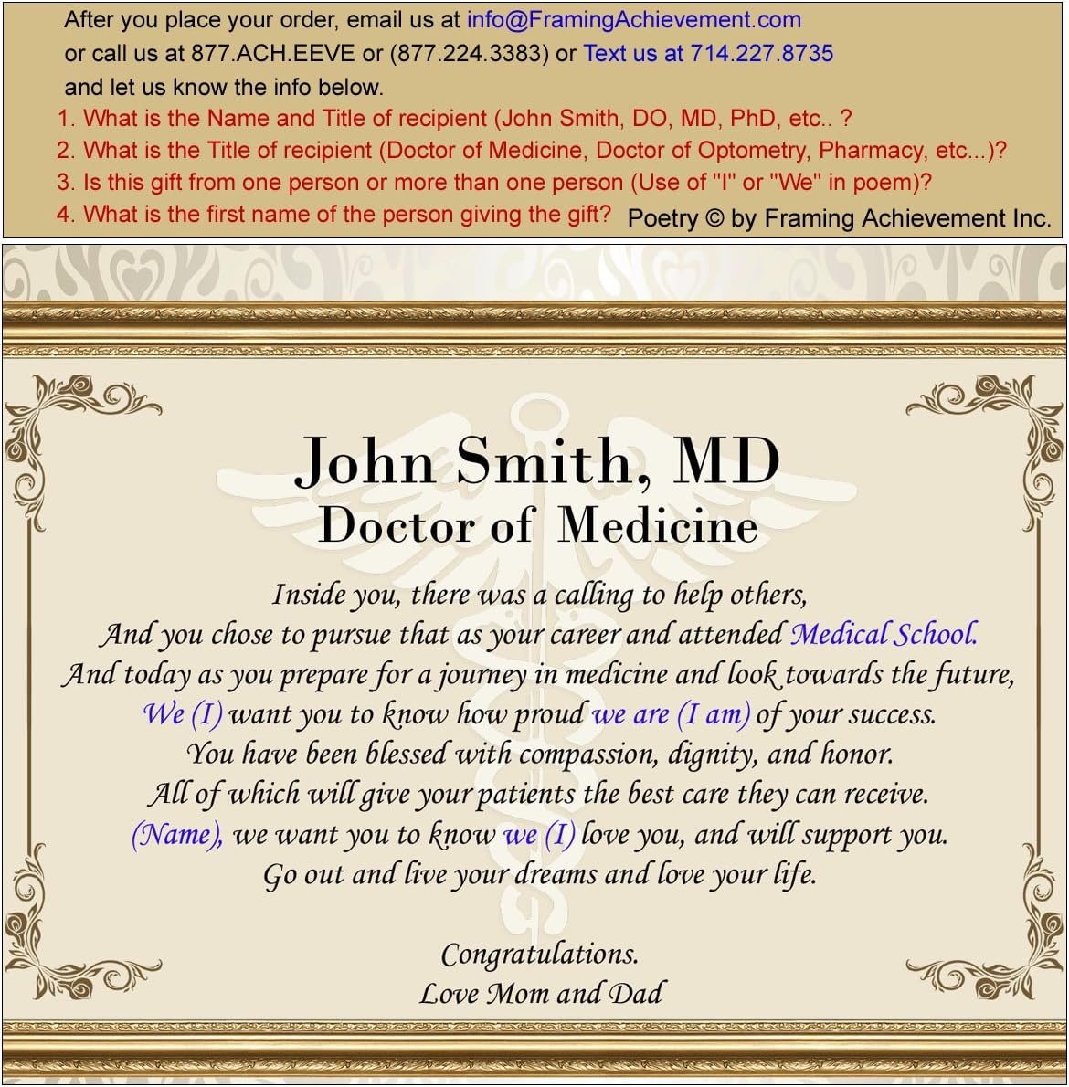 Personalized Poetry Clock Gift Doctor Physician or Medical School Graduation Graduate Poem Gifts - Mini Desk Table Clock Genuine Marble Base Brass Pen Set School Congratulation Present
