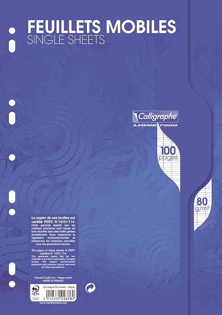 Clairefontaine - Ref 2376C - Calligraphe Loose Leaf Paper (Pack of 50 Sheets) - A4 Size, 80gsm Paper, 9-Hole Multi-Punched, Séyès Rulings, Purple Ruling