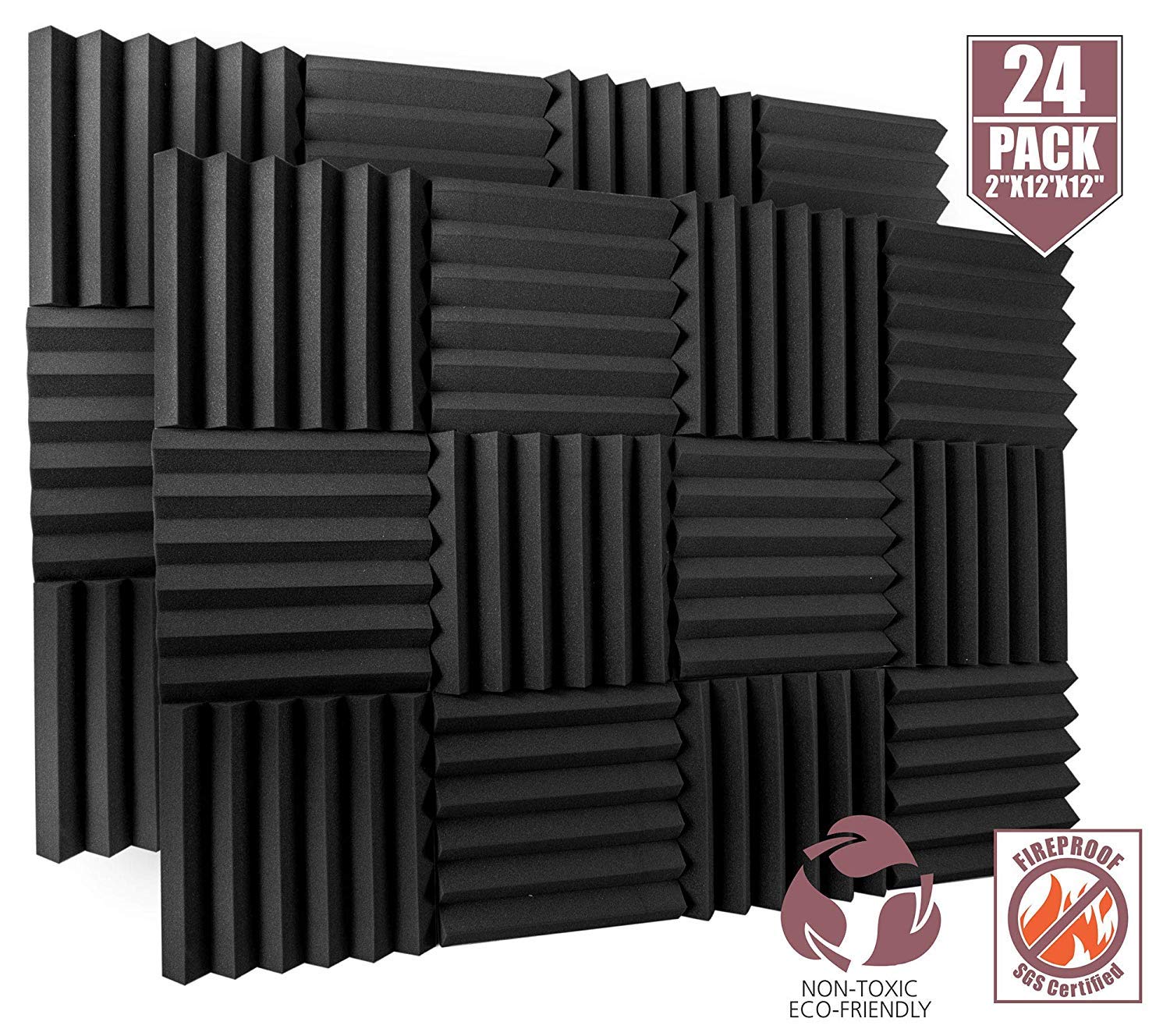 12 Pack Acoustic Foam Panels 2" X 12" X 12" Fireproof - SGS Certified - Soundproofing Studio Foam Wedge Tiles - Top Quality - Ideal for Home & Studio Sound Insulation - High Density 1,57 Lbs/CBF