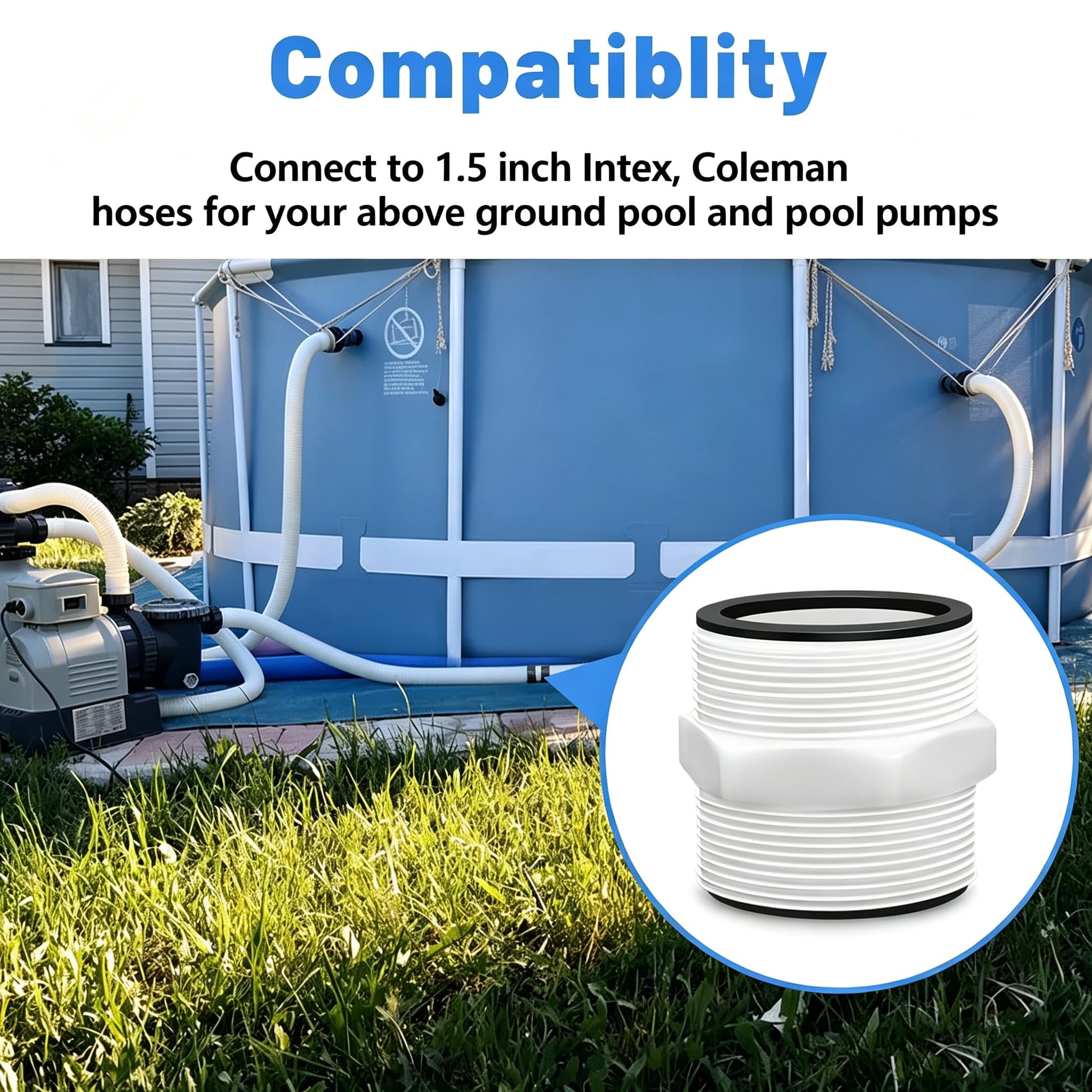Adaptateur de tuyau de piscine pour piscine hors sol Intex - 38 cm - Connecteur de tuyau de piscine pour pompe Intex et Coleman - Connecteur d'extension de tuyau avec 2 joints toriques