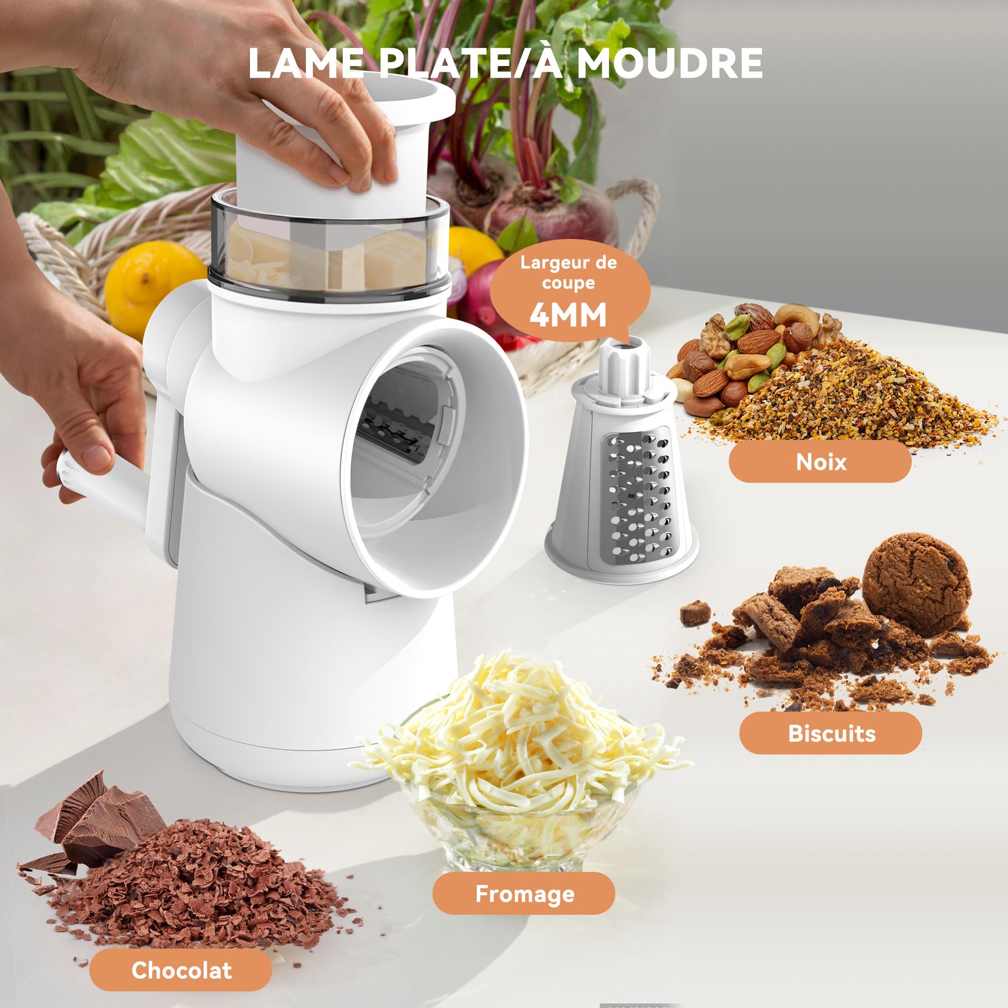 KitchenBoss Rapeuse Legume Manuelle,Rape Fromage:Coupe Légumes Multifonctionnel 3 en 1,avec Manivelle et 3 Lames de Rechange,peut être utilisé pour une large gamme de Fruits et Légumes,Blanc