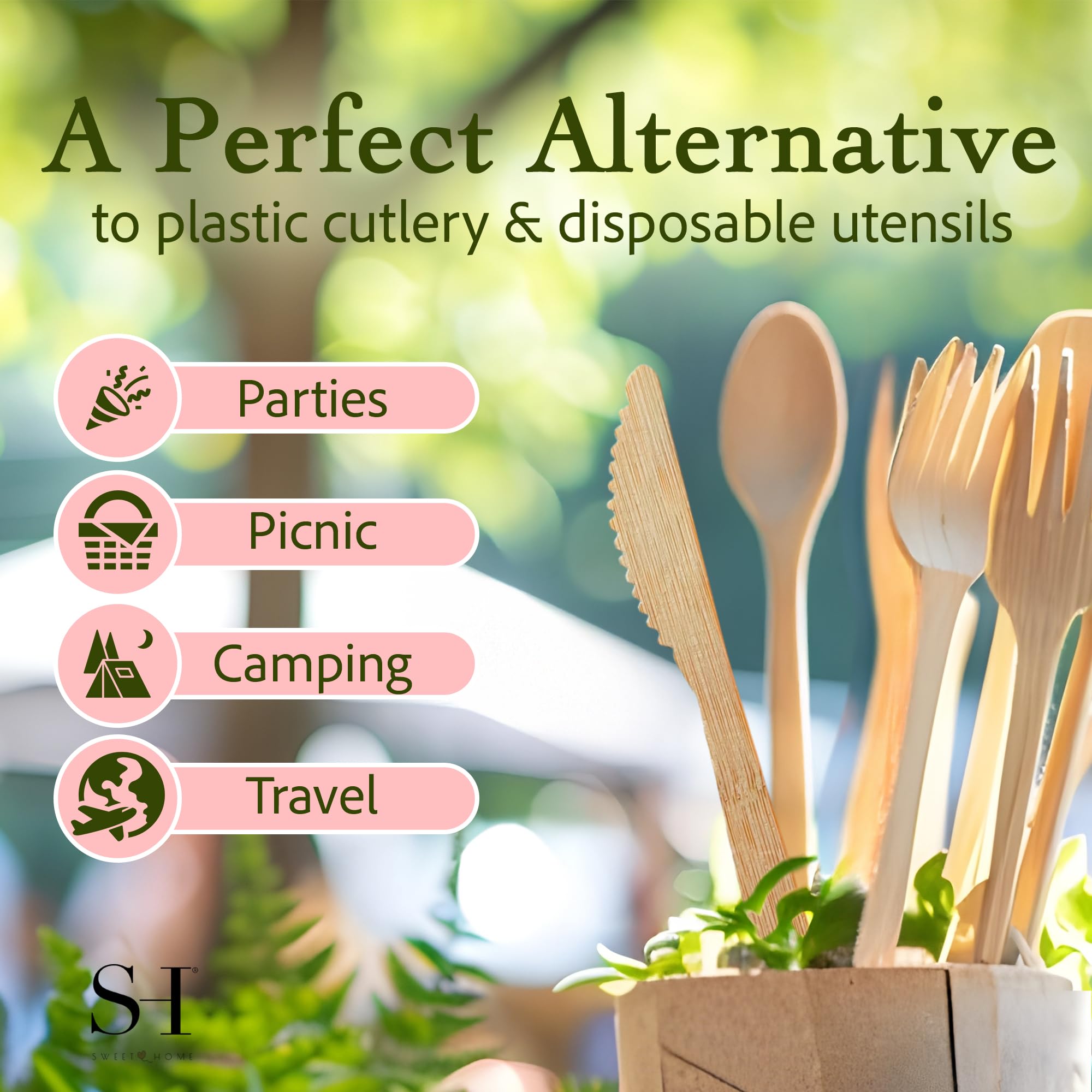 Sweet Home - Set di utensili in bambù 100% compostabili, usa e getta, 180 pezzi, 70 forchette, 40 cucchiai e 70 coltelli, posate ecologiche per feste, campeggio