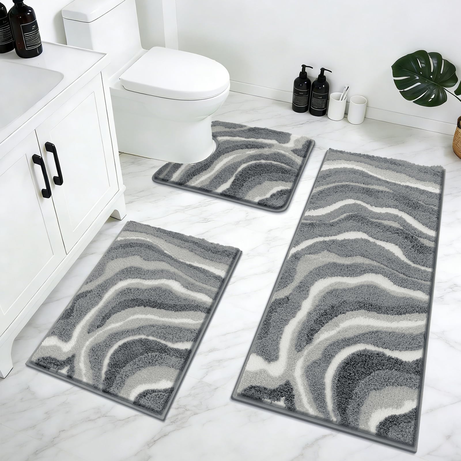 Enyhom Juego de 3 Alfombrillas de Baño Antideslizante, Alfombra Baño de Microfibra Super Absorbente Lujosos, Tapete Casa de Banho Suave y Cómoda, Lavables a Máquina, Alfombras para Baño, Aseo, Gris