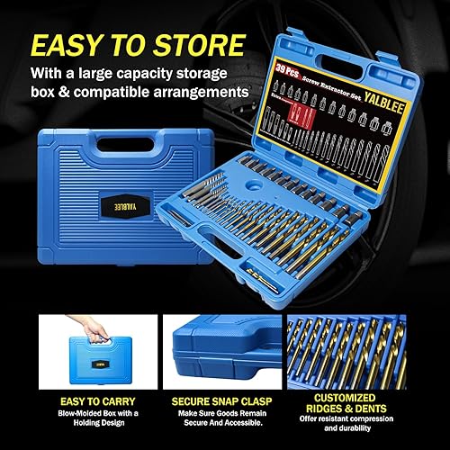 Miniatura 5 de Juego de 39 extractores de tornillos y brocas para mano izquierda, juego de extractores de tornillos fáciles de sacar con brocas inversas,