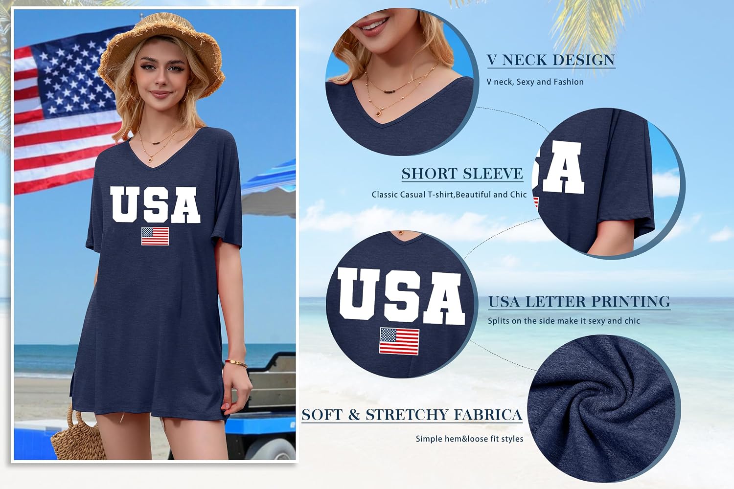 PECHAR 4th of July Shirts Women American Flag Dresses Patriotic USA Flag Tees V Neck Beach Swimsuit Coverup