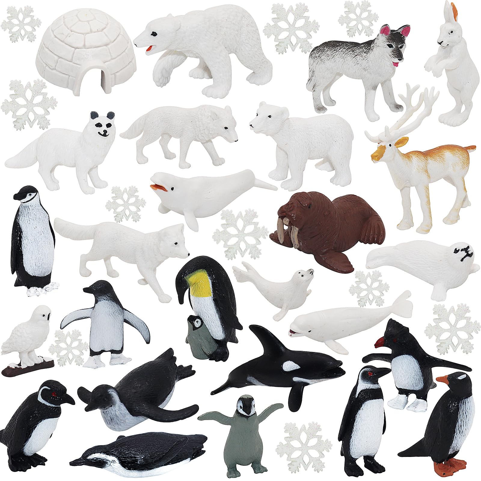 36 PCS Arctic Antarctic Ocean Sea Animal Figures Set, Mini Polar Animal Figurines with Snowflake, Mini Plastic Polar Figurines Includes Penguin Bear Seal Cake Toppers Christmas Birthday