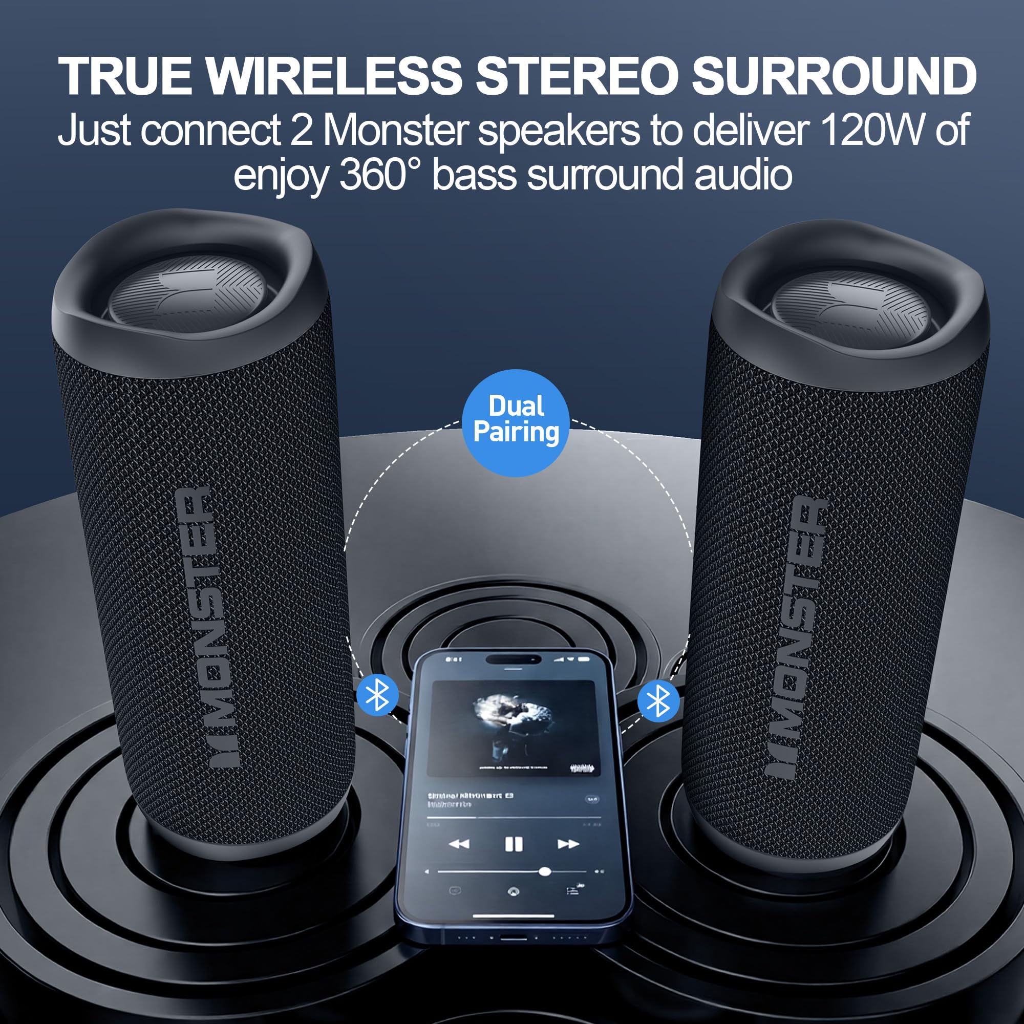Monster Bluetooth Speaker, Wireless Portable Outdoor Bluetooth Speakers, 60W True Wireless Stereo IPX8 Waterproof, Dual PairingBluetooth 5.4 Built-in Mic, Outdoor Speaker — view 3