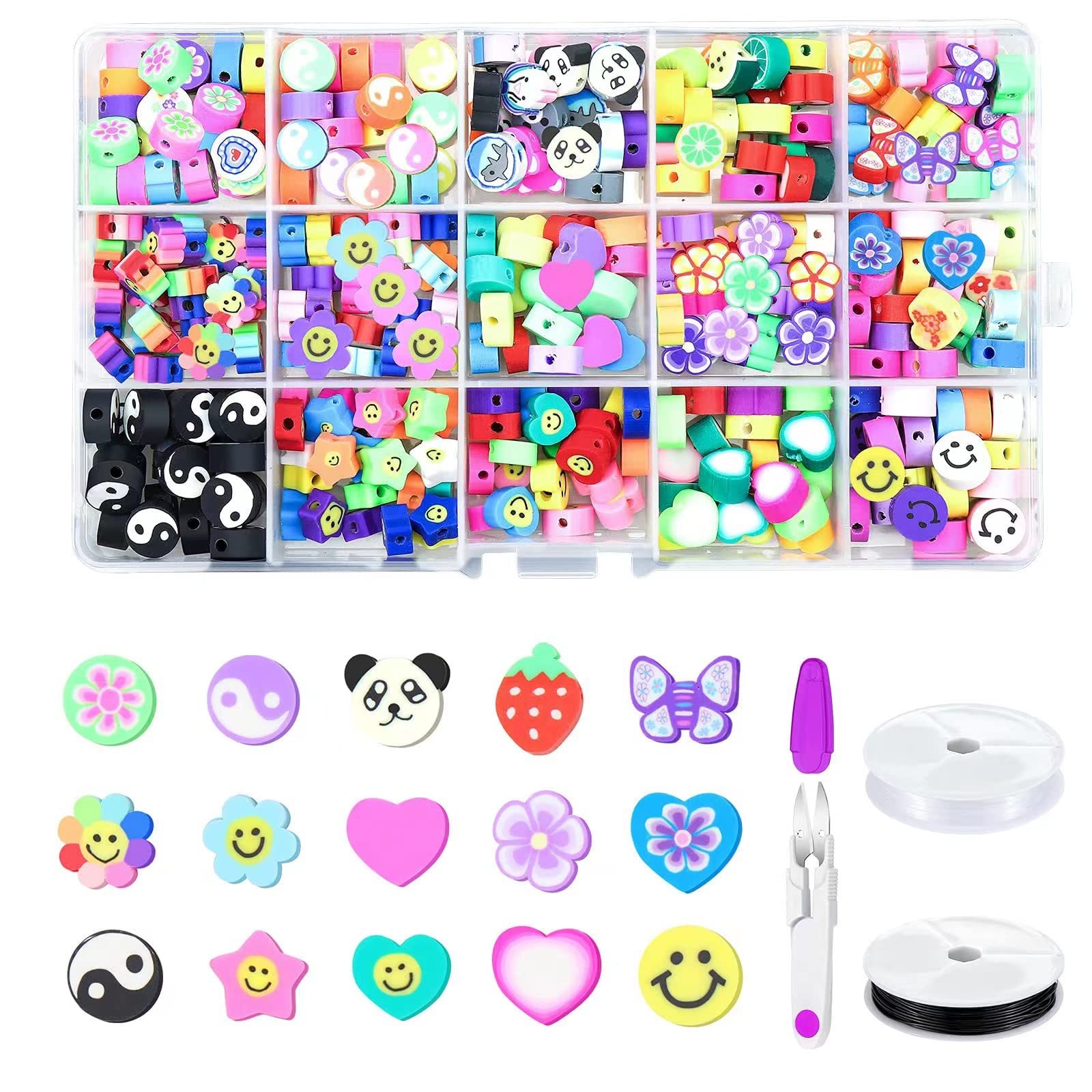 300PCS Fruit Smiley Handmade Polymer Clay Beads 15 Styles Flower Letter Beads Soft Beads for Women Girls Jewelry Making DIY Bracelet Necklace Earring Accessories with 4m Crystal Elastic String.