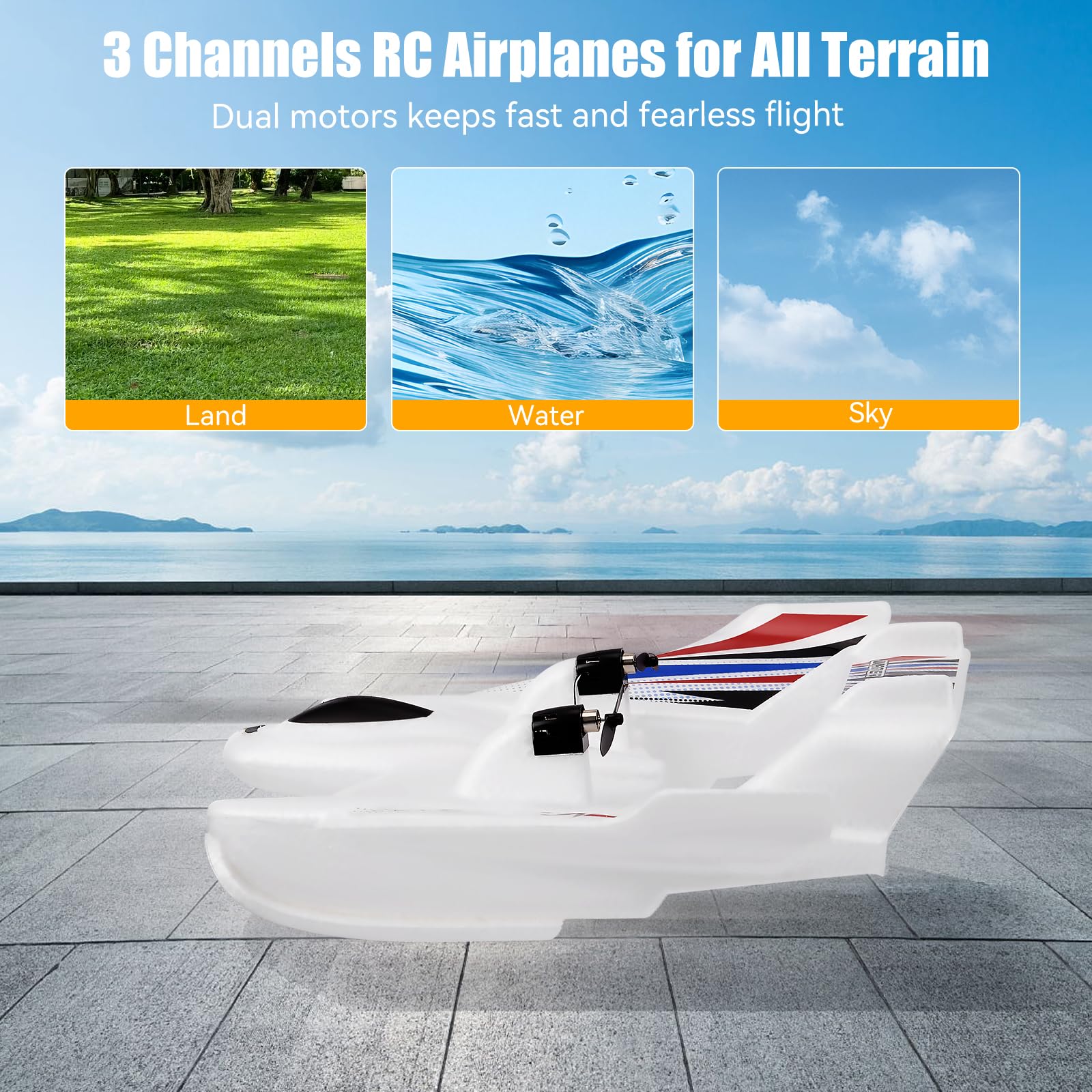 Avión RC Anfibio 3 en 1, 2.4GHz 3CH, para Tierra, Agua y Aire, con 2 Baterías, Material EPP, Blanco