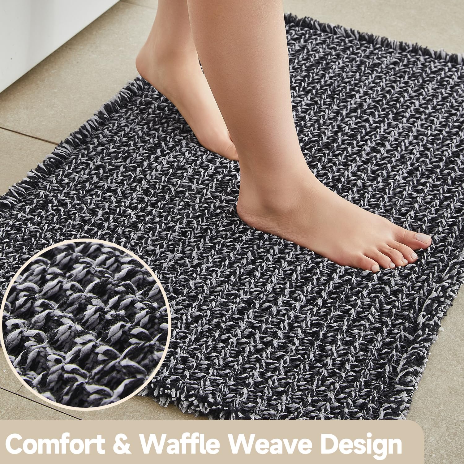 TYUU Alfombras de baño blancas y negras, alfombra de baño antideslizante, lavable, súper absorbente, de secado rápido, decoración de baño estilo bohemio, 48 x 24 pulgadas, blanco y negro