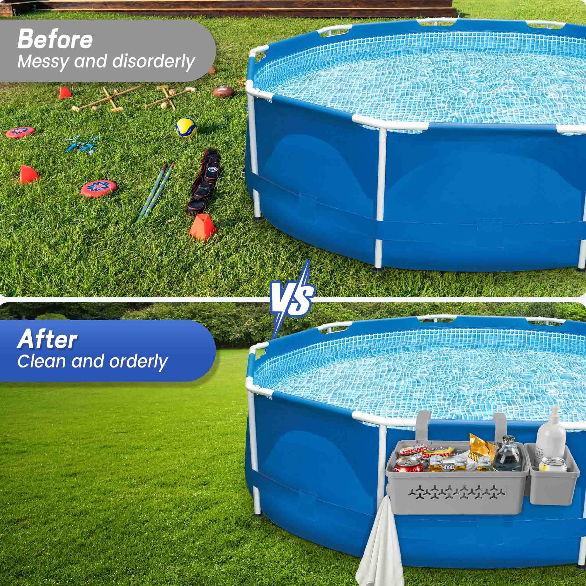Paquete de 2 cestas de almacenamiento junto a la piscina, accesorios de piscina sobre el suelo, cesta de almacenamiento junto a la piscina con ganchos para portavasos, cesta de almacenamiento de