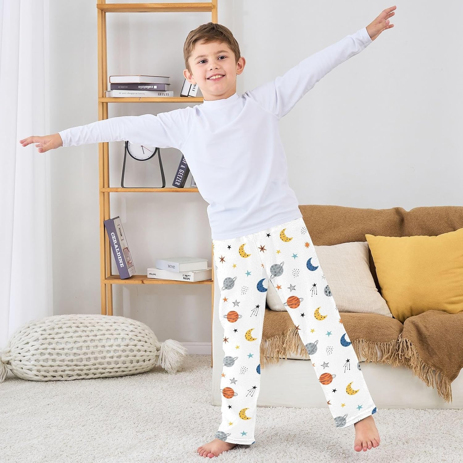 space Planet Stars White Pattern Plush Pajama Pants Sleepwear Bottoms Lounge Fleece Pants with Elastic Waist, S-XL