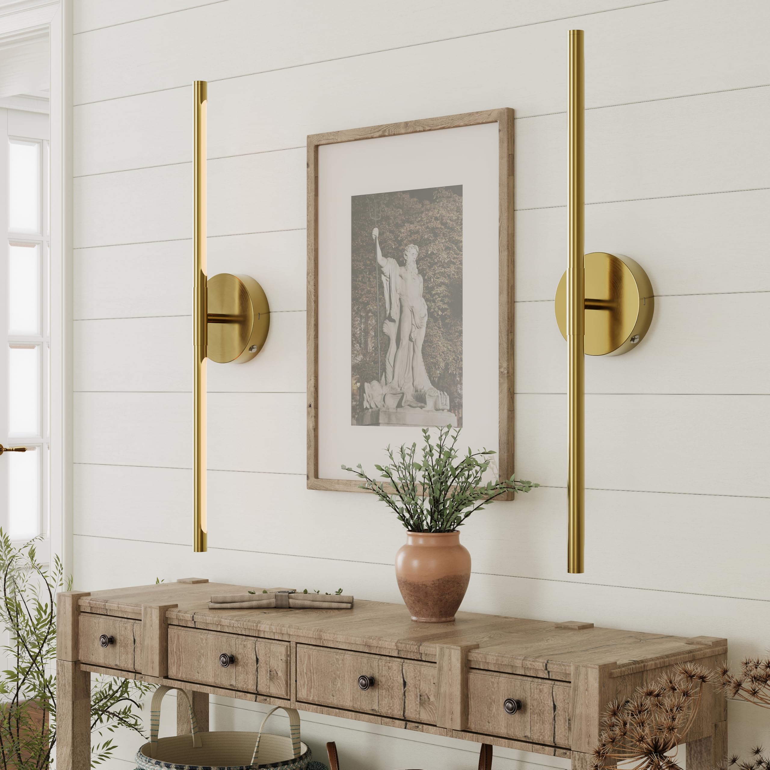 8000mAh Battery Operated Wall Sconce Set of 2 - 24 Inch, Rechargeable, Dimmable, 3000K-6000K, Remote, Touch Control, Timer, 350° Rotate, LED Wall Lamps for Living Room, Bedroom, Gold