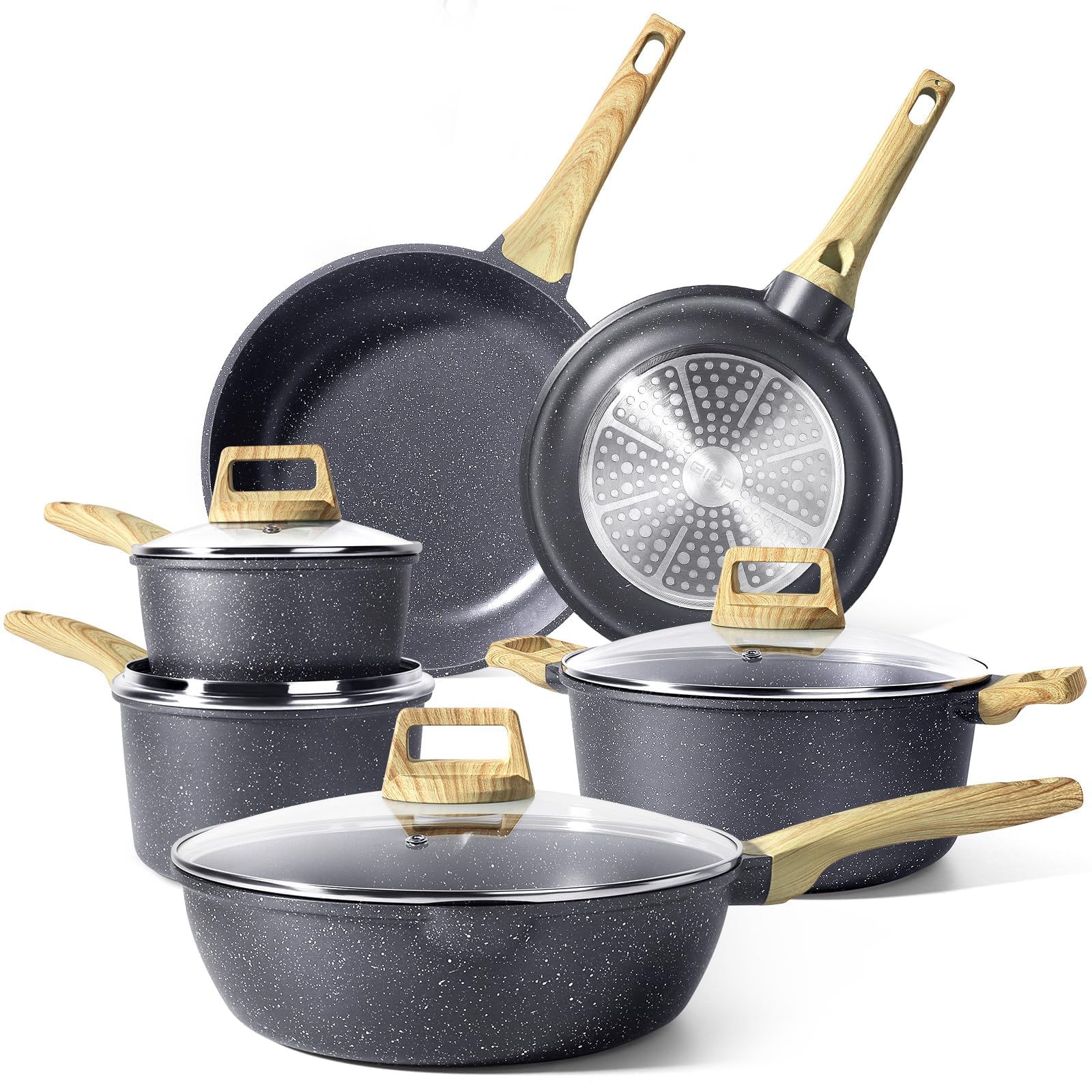 GiPP Set di pentole e padelle antiaderenti, set di pentole a induzione da 10 pezzi, set di cottura in granito antiaderente con padelle, casseruole, adatto a tutti i fornelli (grigio, 10Pcs-B)
