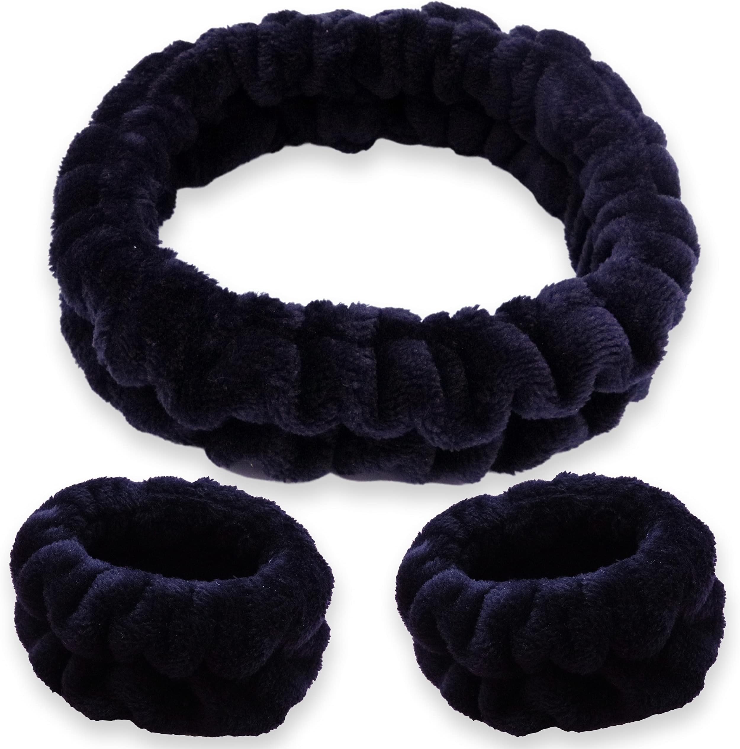 FROG SAC Puffy Spa Headband and Wristbands for Face Washing, Fuzzy Skincare Headbands for Women, Soft Makeup Skin Care Hair Accessories for Girls, Bubble Make Up Sleepover Party Supplies (Black)