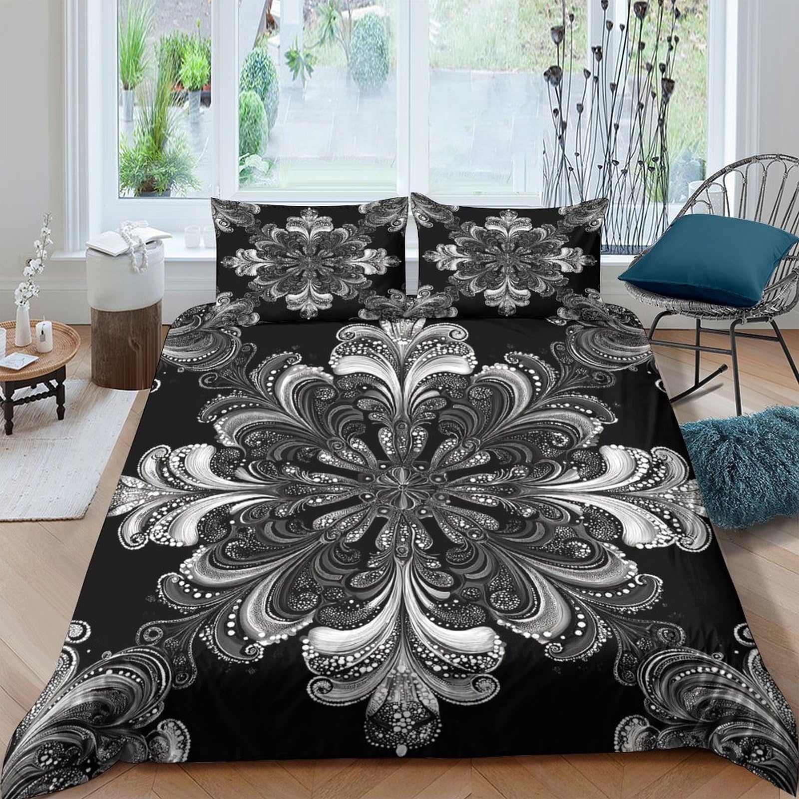 Ctjqhvkz Style-1 3D Printed Baroque Floral Fitted Sheet Microfiber Soft Black White Mandala Mattress Cover For Bedroom Home Decor Single（135X200cm）