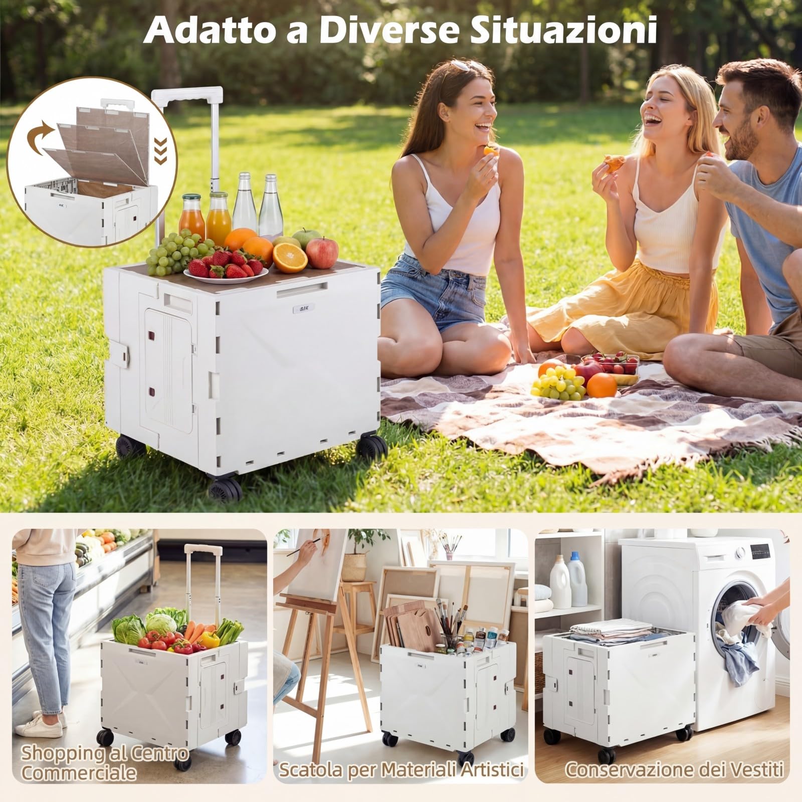 COSTWAY Carrello Spesa con 4 Ruote, 75 L, Carrellino Pieghevole con Manico Telescopico e Regolabile e Coperchio, Trolley Portatutto per Shopping, Campeggio, Picnic e Attrezzi