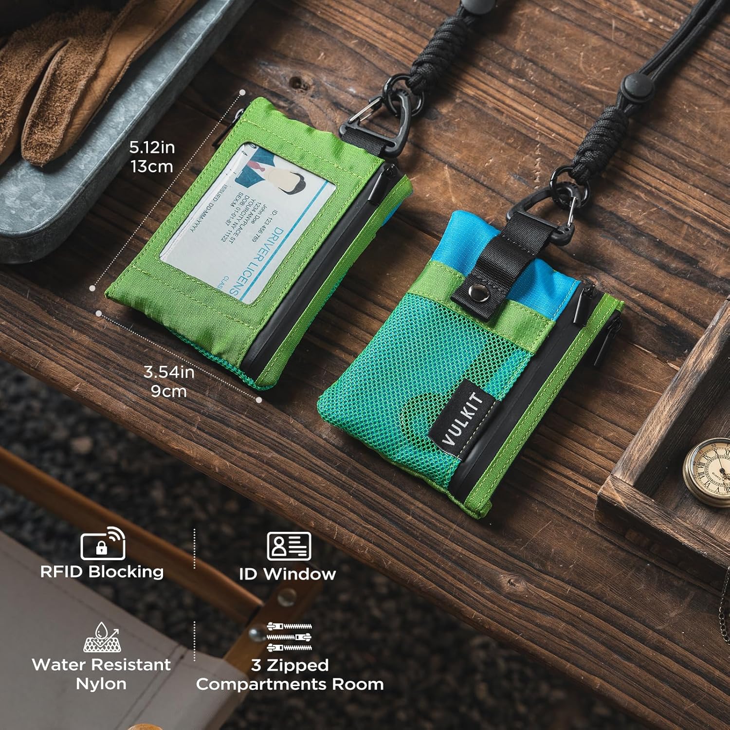 VULKIT Small Minimalist Wallet for Women and Men RFID Blocking, Zipper Coin Pouch with ID Window and Keychain, Water Resistant Travel Lanyard Wallet Green Blue - Image 4