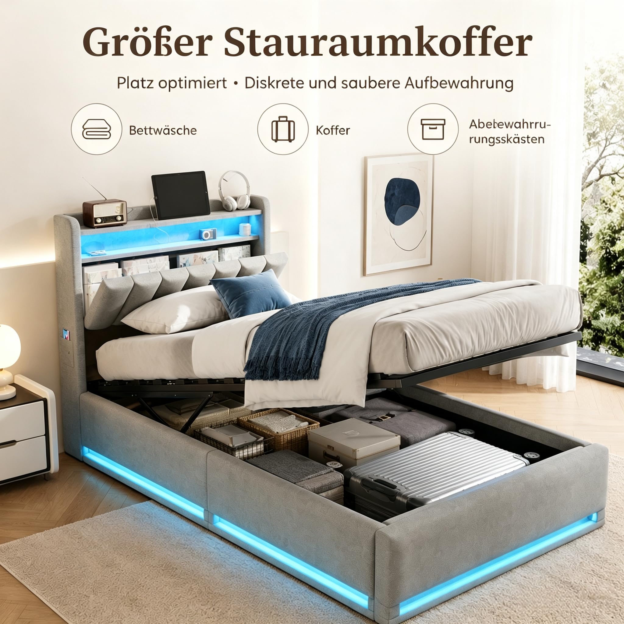 Letto Contenitore 90x200 con Sommier LED e USB,Letto per Ragazzi con Testiera Multifunzione e 2 Cassetti,Letti Singoli Imbottiti con Spazio di Archiviazione Idraulico,Grigio